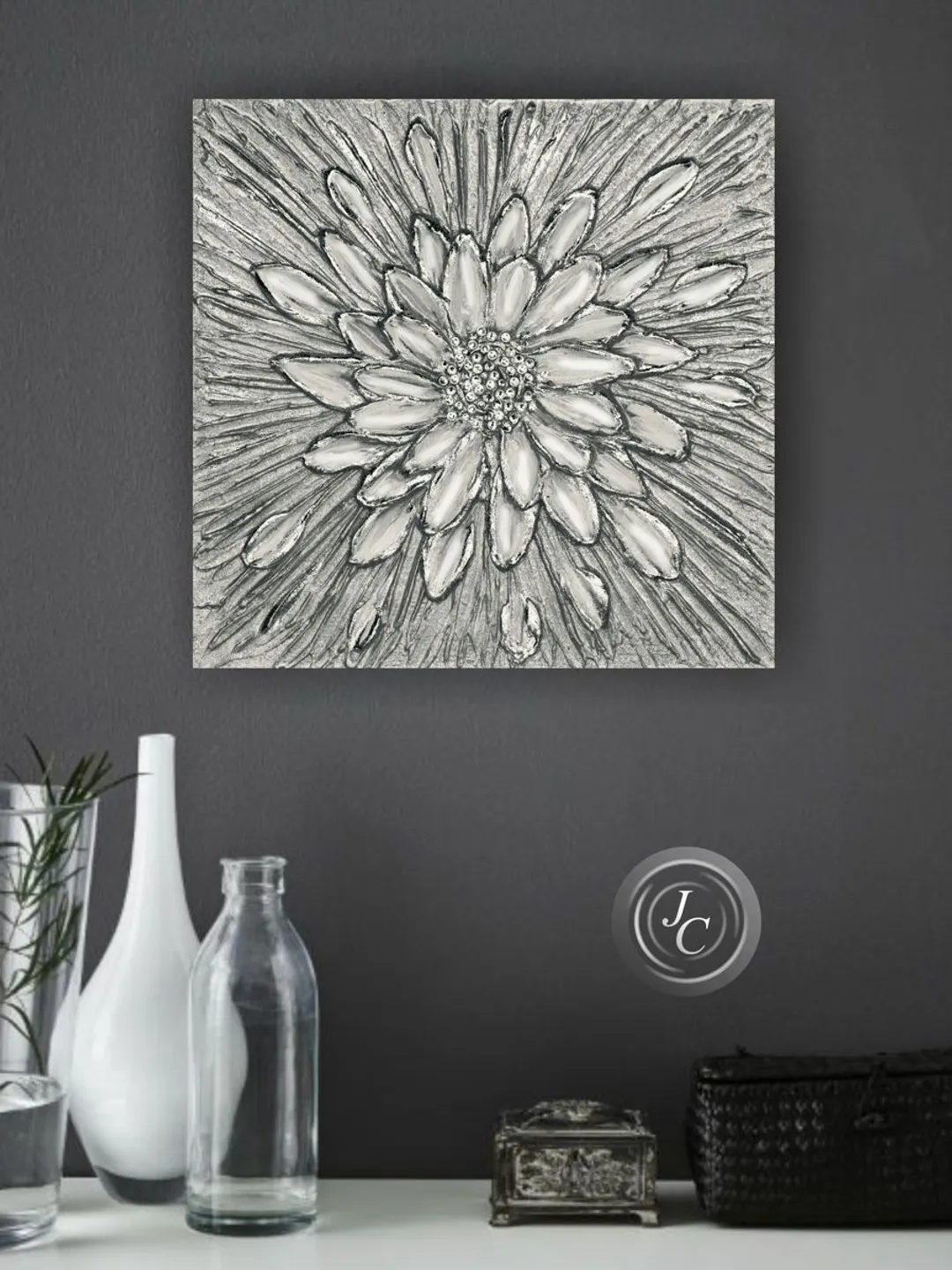 Silver Daisy Textured Flower artwork Original Painting Floral Wall Art Modern Wall Decor with Crystals