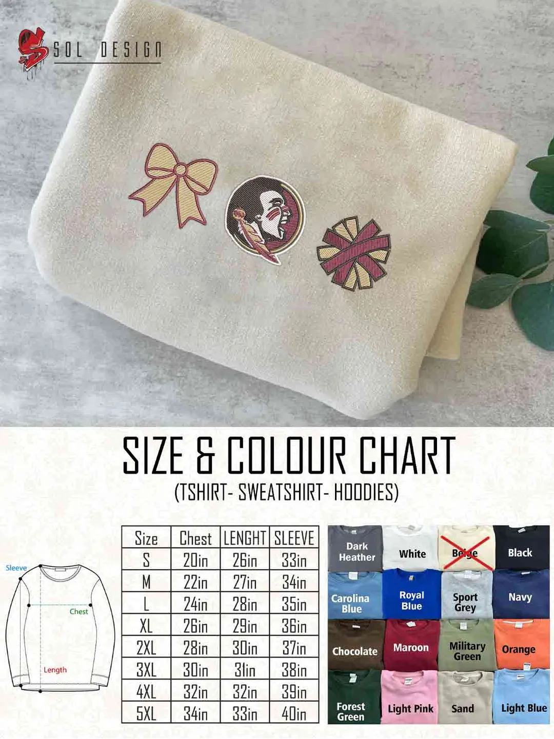 Florida State Seminole Cheer Poms Bow Embroidered Sweatshirt, Football Embroidered Sweatshirt, Sport Game Day Cheerleader Shirt, Embroidered Hoodie, Unisex Crewneck, College Football Team Fan Gift Tee
