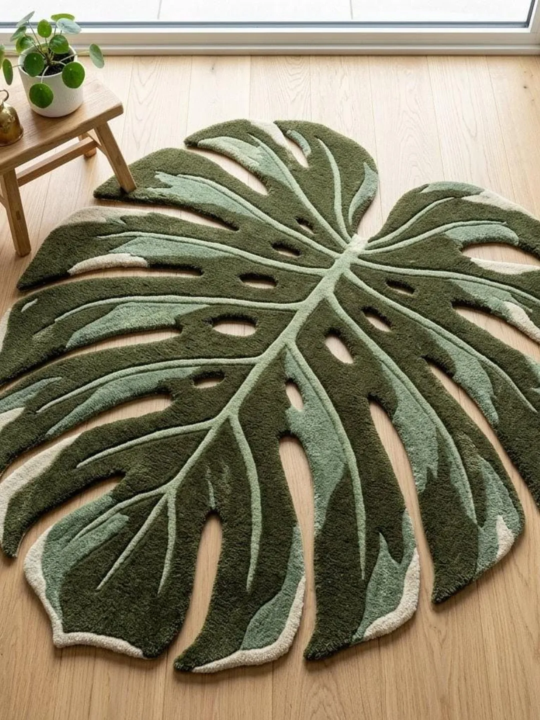Monstera Leaf Rug, Irregular Botanical Rug, Biophilic Tropical Decor, Green Wool Nursery Area Rug, Custom Hand Tufted Plant Rug