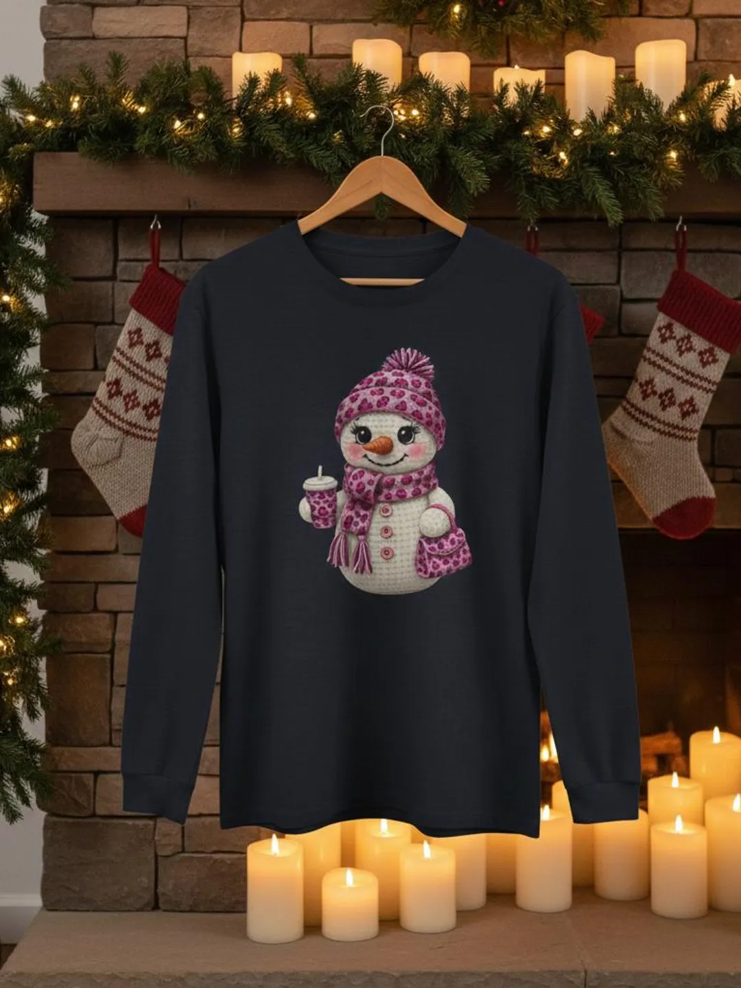 Pink Knit Snowman Long Sleeve Tee | Winter Snowman Shirt