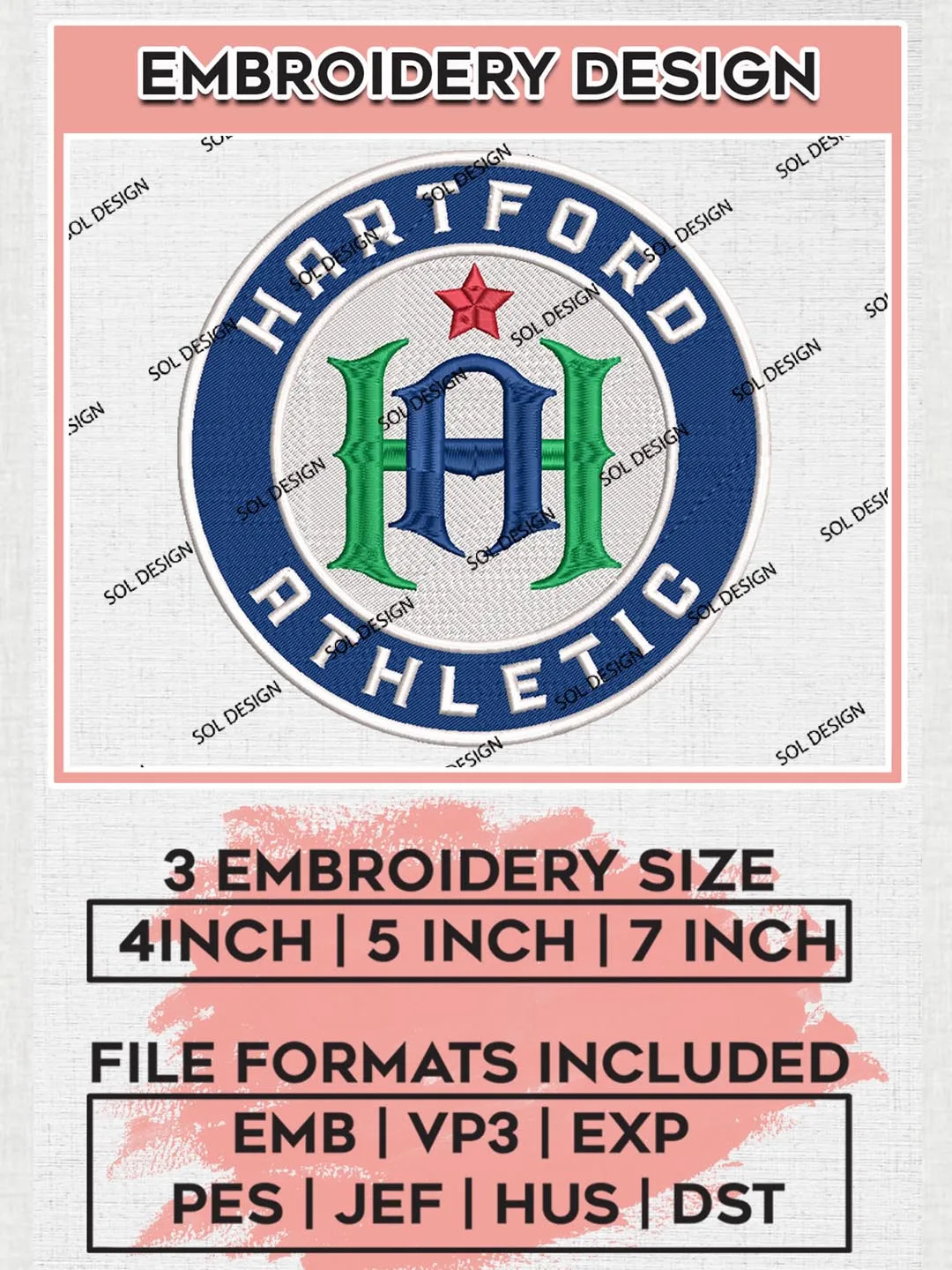 USLC Hartford Athletic Logo Embroidery Designs, USLC Hartford Athletic Embroidery Design, USLC Embroidery Design Files, USLC Logo, 3 sizes, Machine embroidery Files, Digital Download