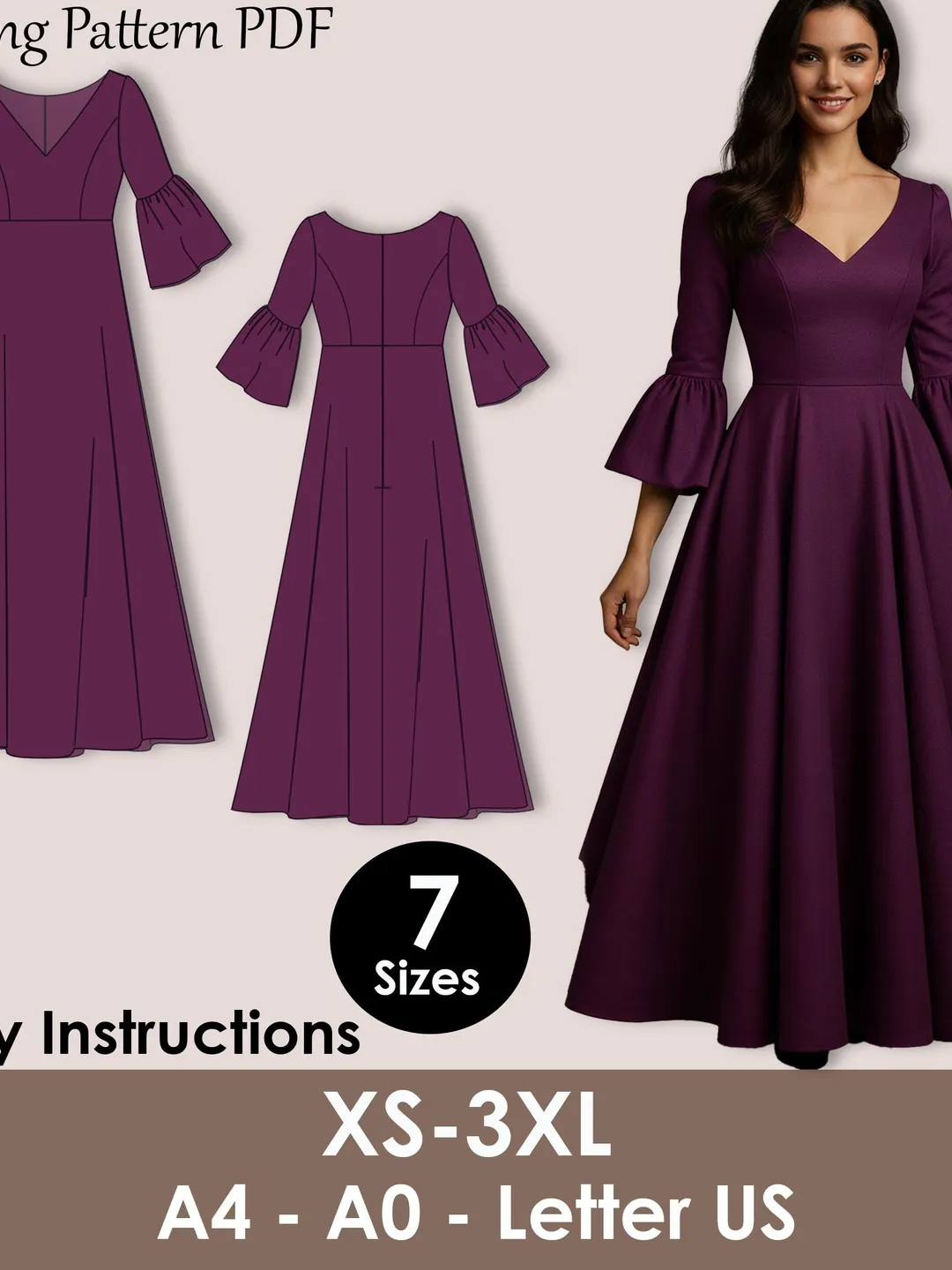 long sleeve shift dress sewing pattern Long Sleeve Midi Dress Sewing Pattern PDF Simple Shift Dress, Sizes 2-30 or XXS3XL, A0 + US Letter