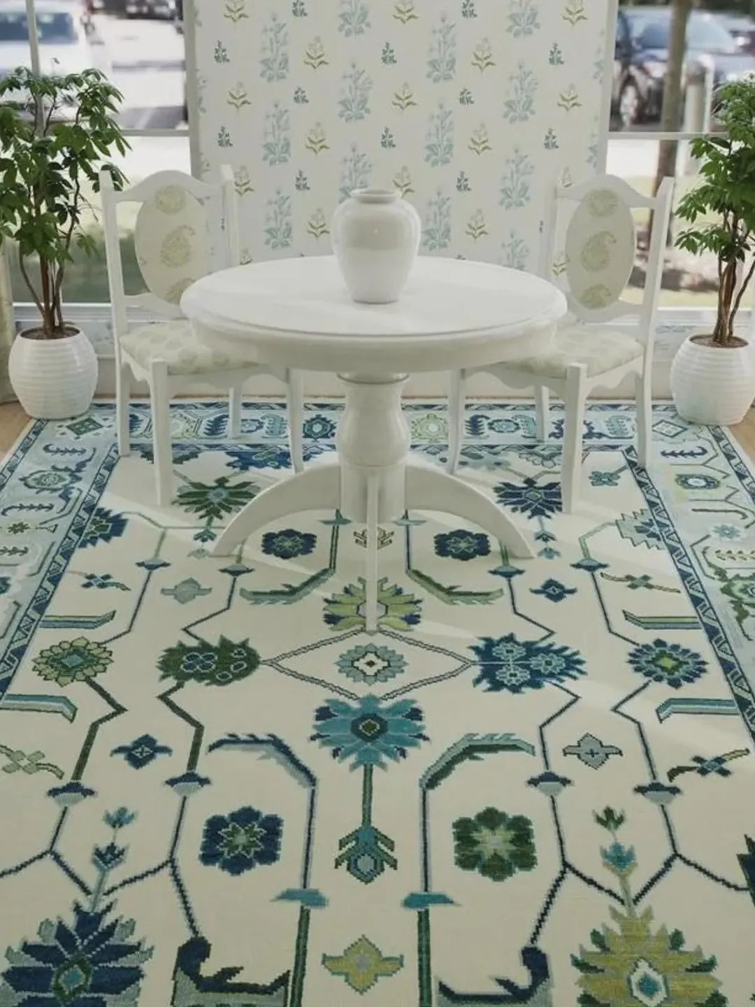 Hand Knotted Oushak Wool Rug: Blue Ivory Pomegranate Design