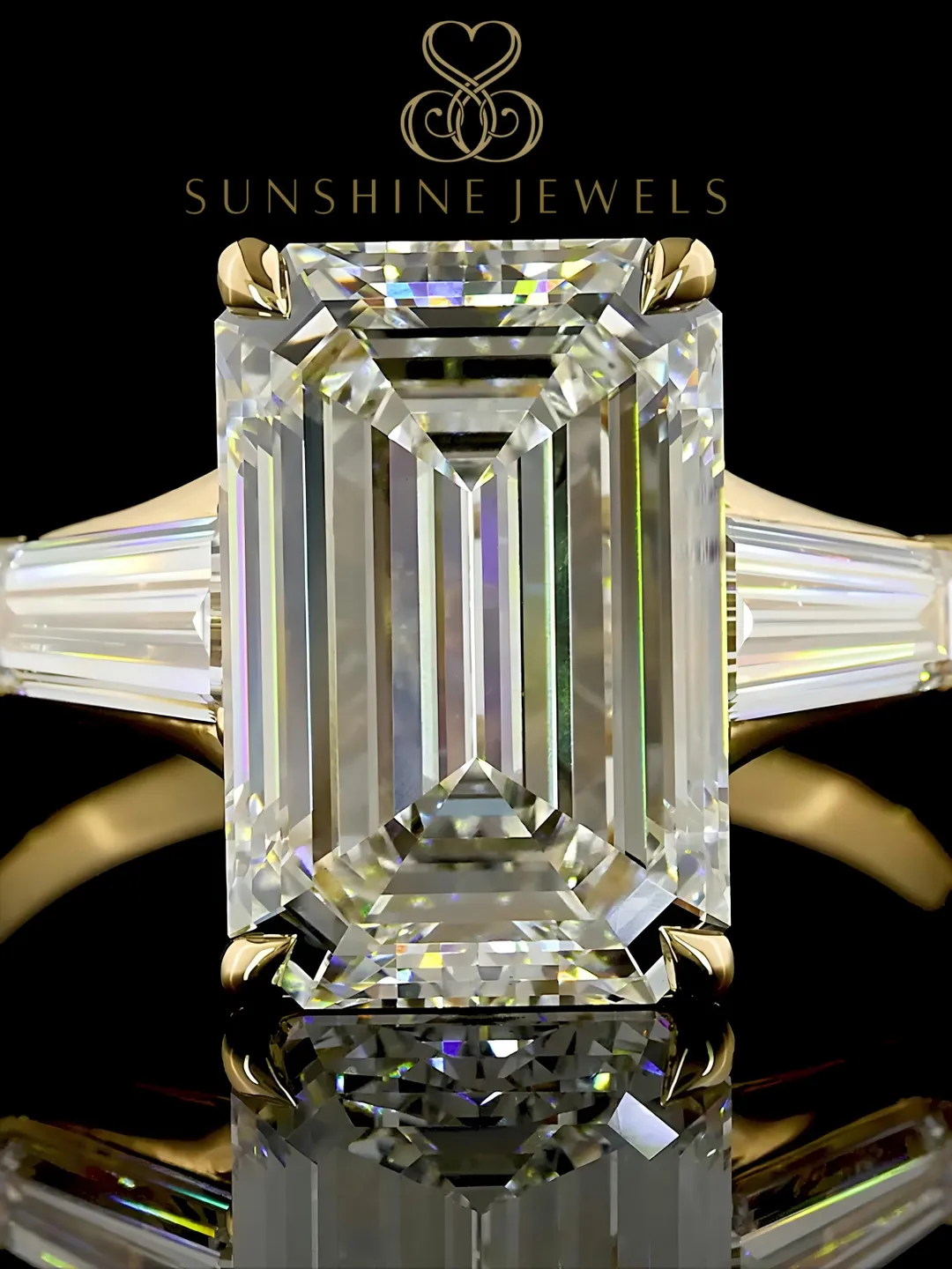 Emerald Cut Lab Grown Diamond Engagement Ring, 14Kt Gold Three Stone Ring.