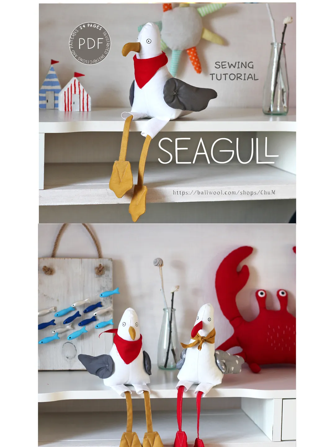 Seagull sewing pattern, Seagull toy sewing pattern. DIY Tutorial in PDF Format. Digital Pattern for Easy Sewing.