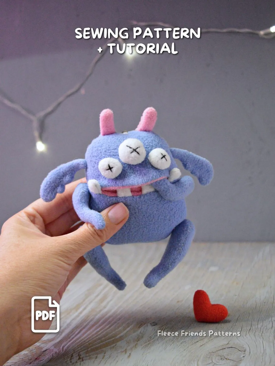 Three Eyed Monster Plush Sewing Pattern with Secret Mouth Pocket