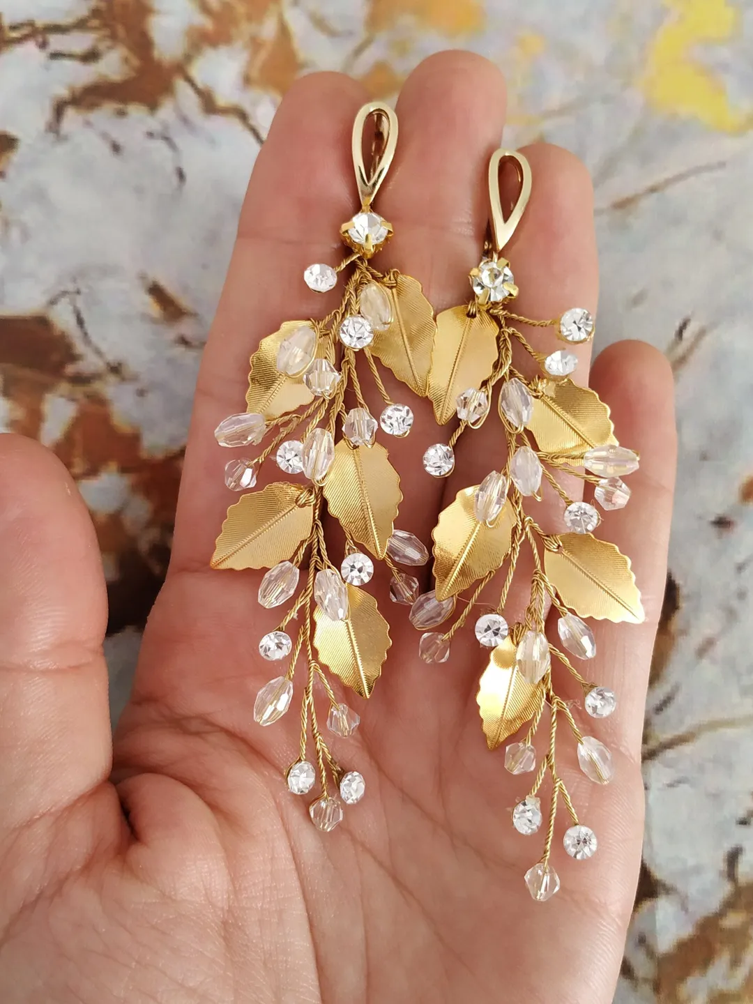 Swarovski Crystal Wedding Earrings Statement Leaf Floral Bridal Earrings Gold Bohemian Jewelry Long Boho Earrings Chandelier Bridal Earrings
