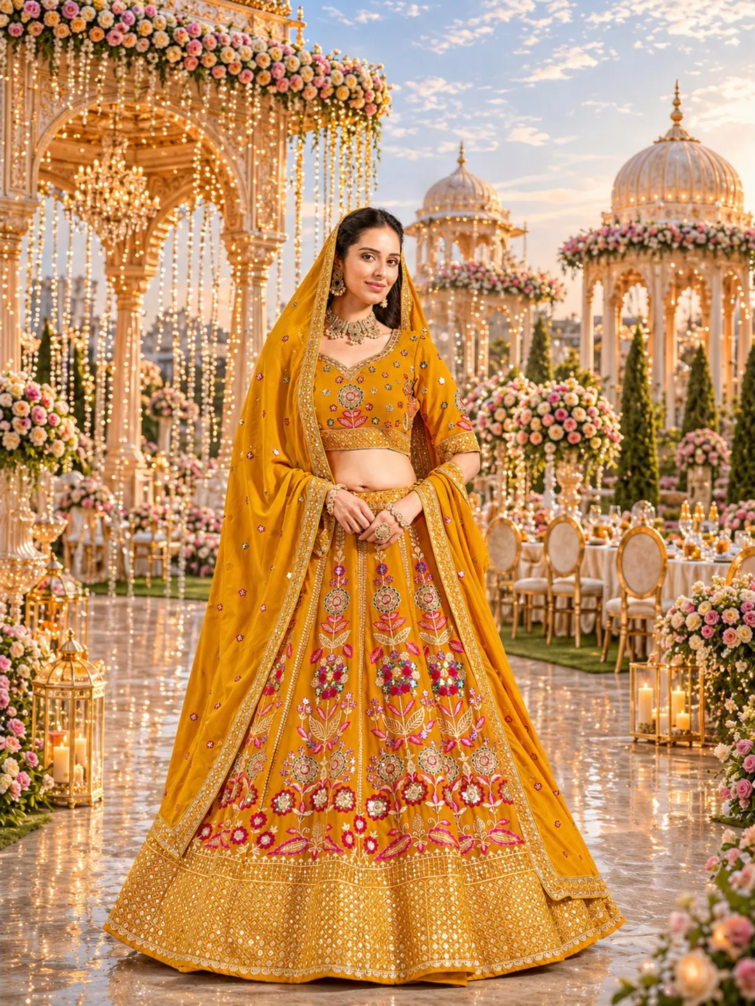 Yellow Georgette Lehenga Choli For Women: Sequin Embroidery Indian Wedding Wear Ready To Wear