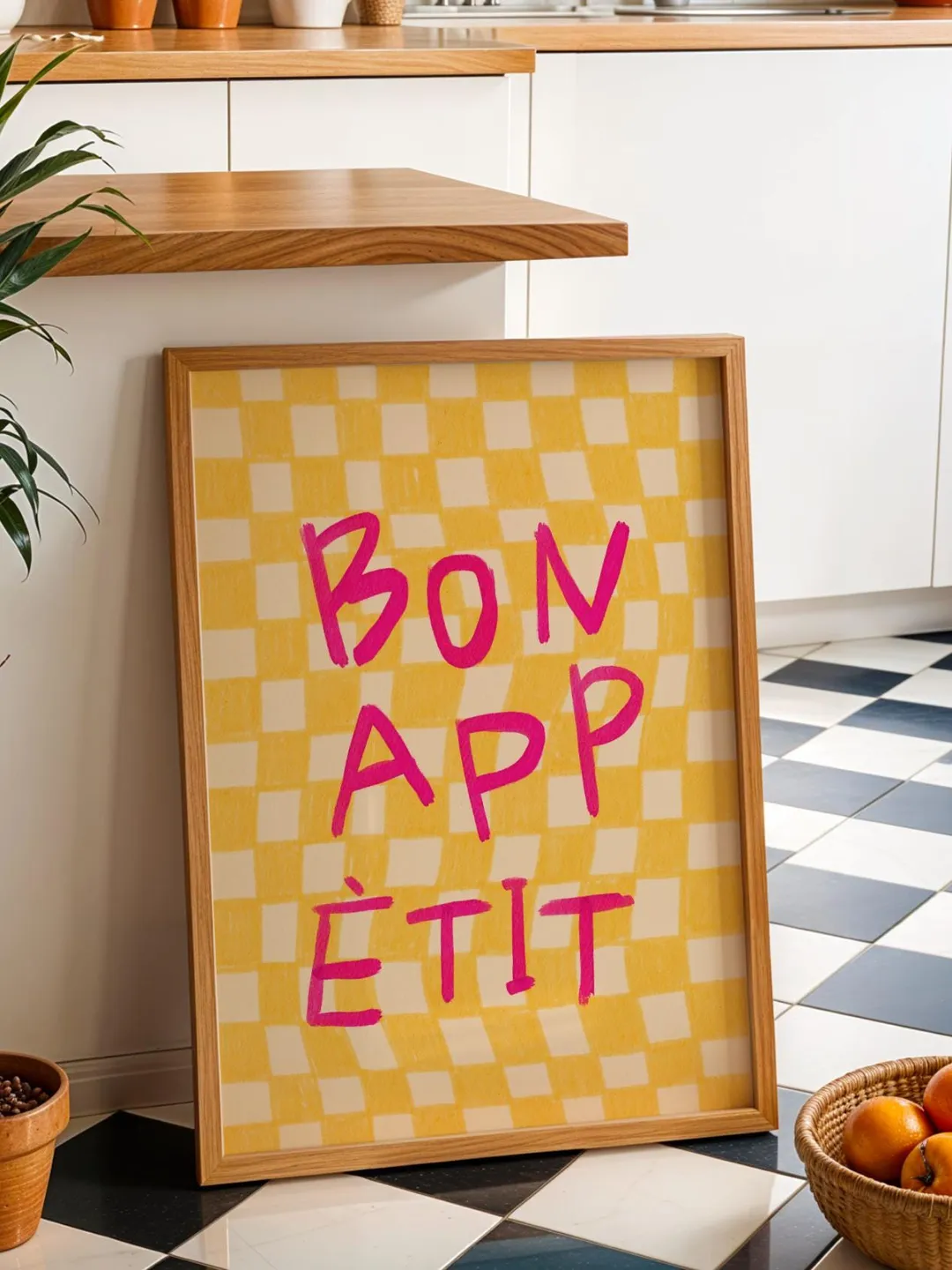 Trendy Bonappetit Print, Retro Kitchen Wall Art, Bonappetit poster, Modern wall art, check wall decor, bonappetit yellow print