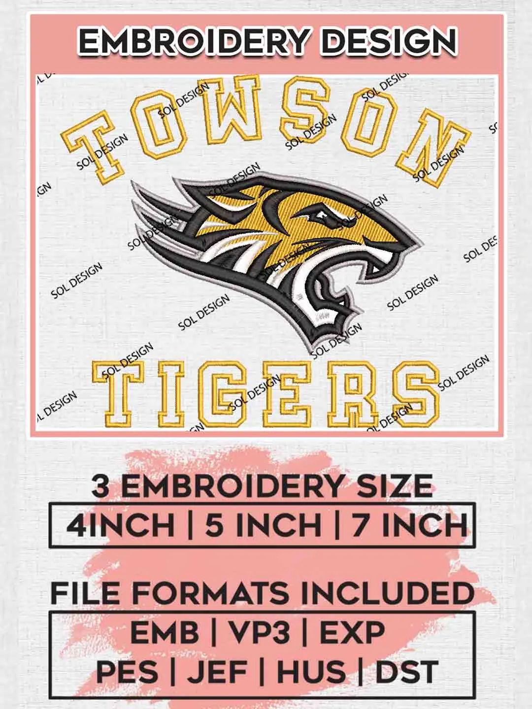 Towson Tiger Embroidery Design, Football Embroidery files, Sport Machine embroidery files, 3 sizes, Instant Download