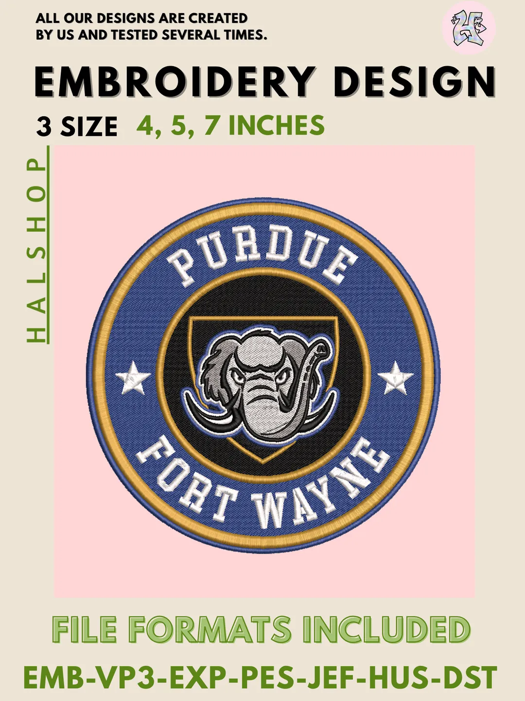NCAA Purdue Fort Wayne Mastodons College Logo Embroidery Design – Classic Team Pattern, 3 Sizes Machine Embroidery Files, Instant Digital Download