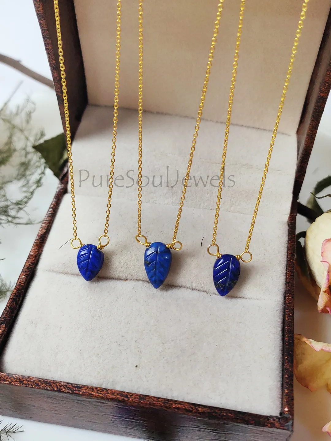 Natural Lapis Lazuli Gemstone Necklace, 925 Sterling Silver Gold Plated Necklace, One Of A Kind Necklace, Leaf Design Carving Necklace, Gift