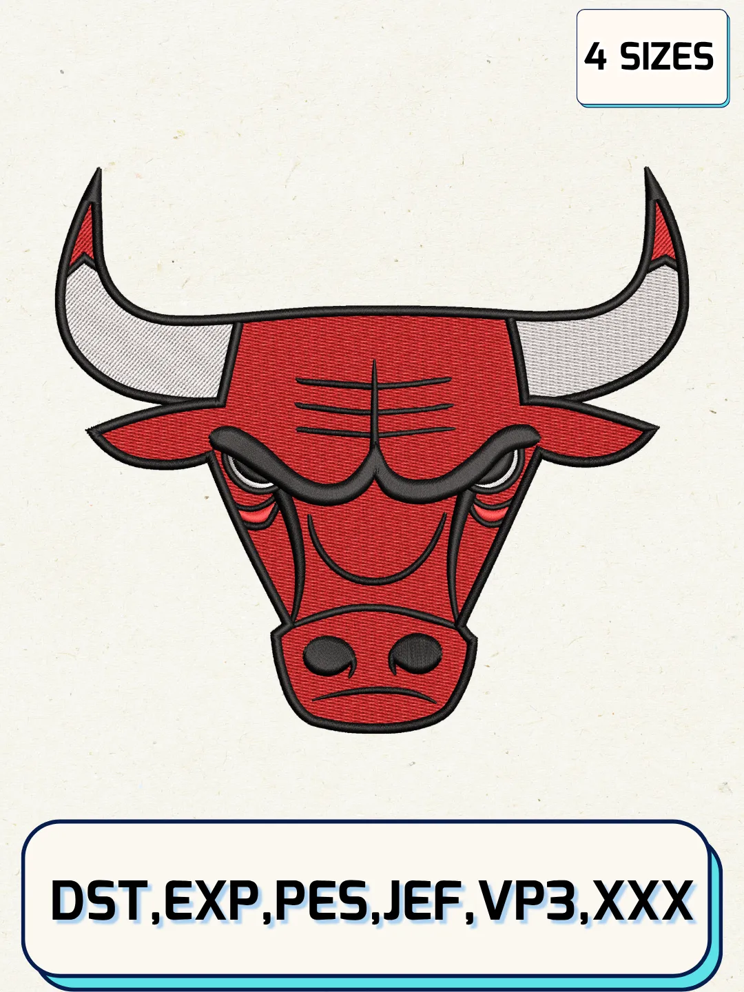 Chicago Bulls Partial Logo Embroidery Design Files,NBA Logos Embroidery Designs,Machine Embroidery Files,4 Sizes