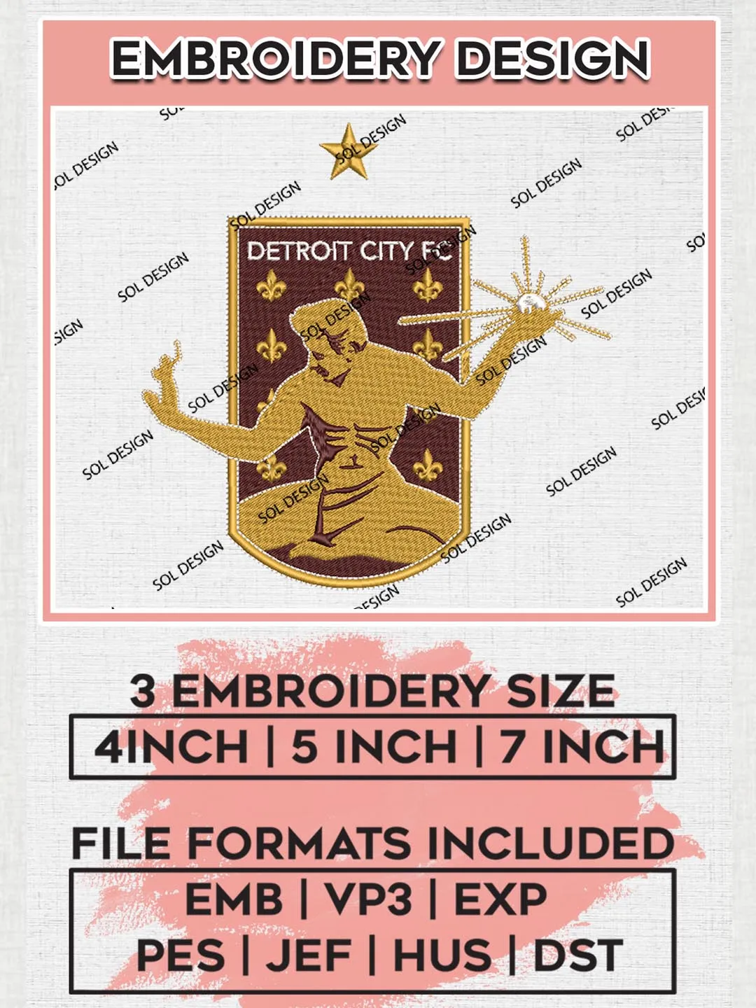 USLC Detroit City FC Logo Embroidery Designs, USLC Detroit City Embroidery Design, USLC Embroidery Design Files, USLC Logo, 3 sizes, Machine embroidery Files, Digital Download