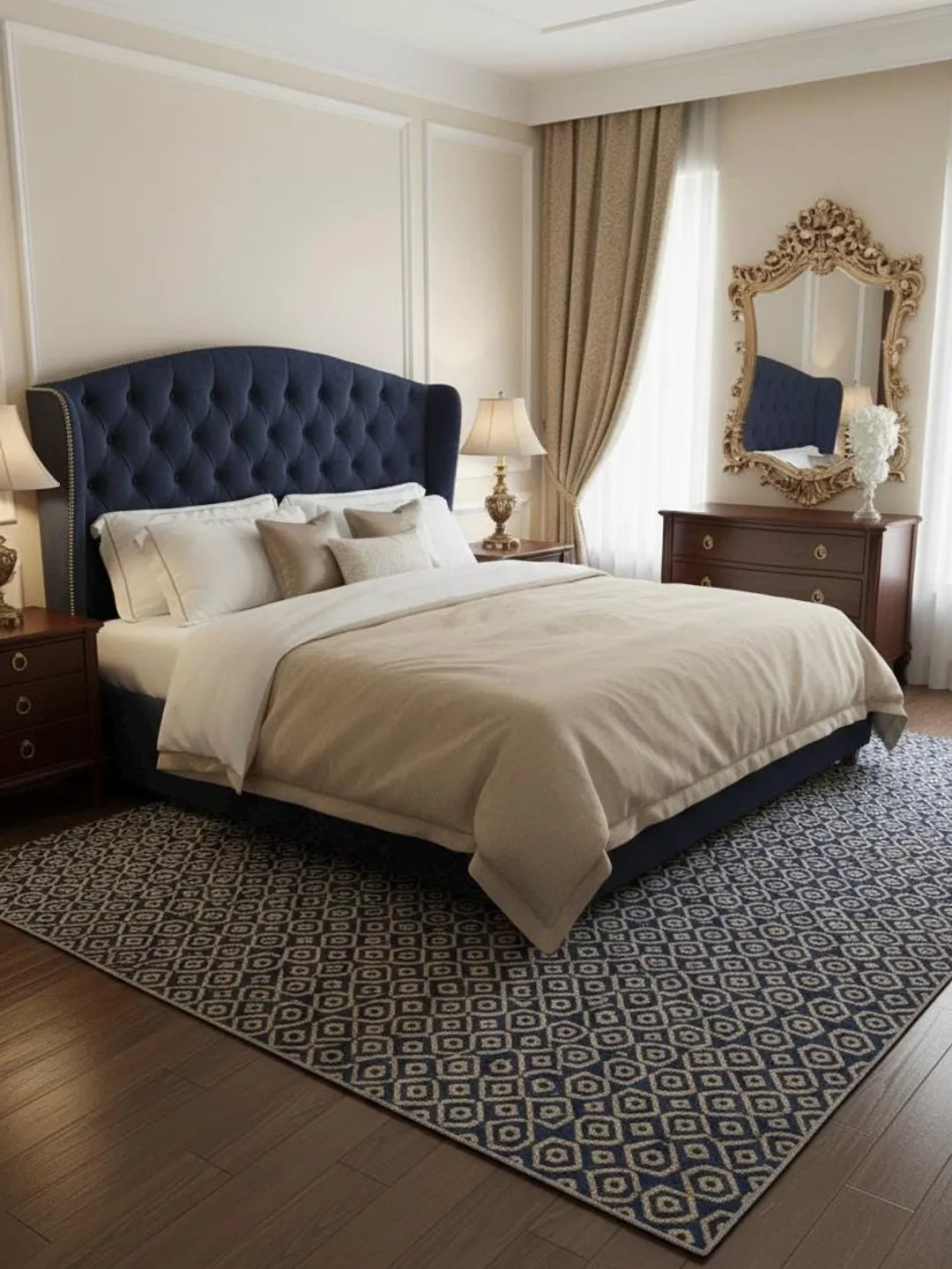 Hand Knotted Navy Blue Diamond Geometric Wool Area Rug