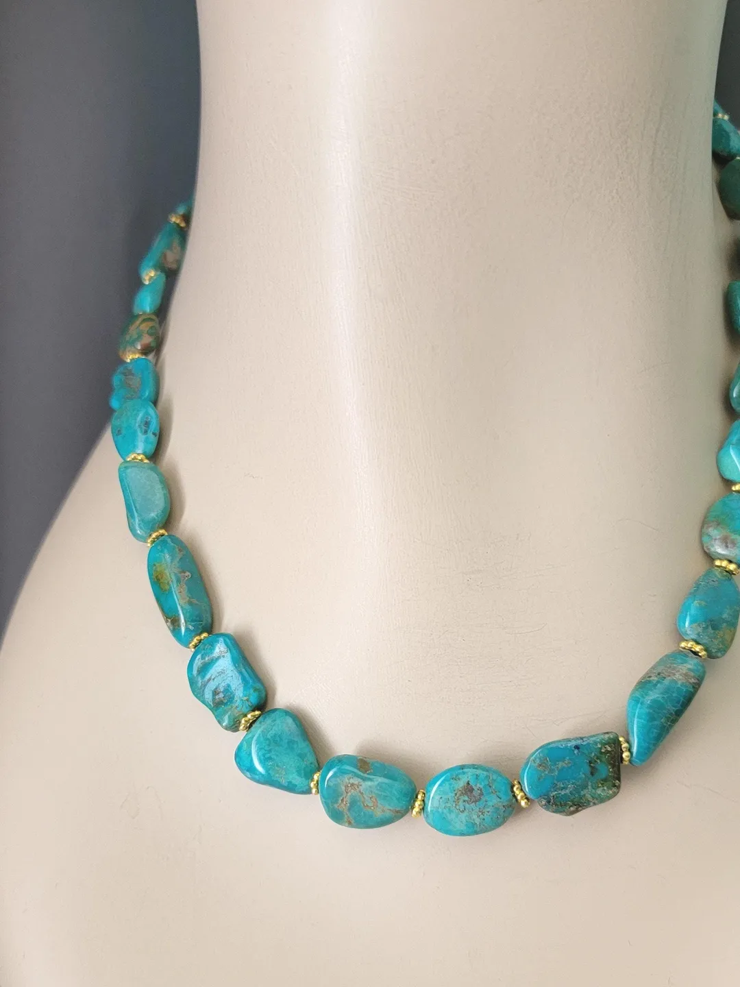 Turquoise Necklace, Gold Detailing Natural Nugget Turquoise, Handmade Turquoise Beaded Necklace, Adjustable, Western Turquoise Necklace