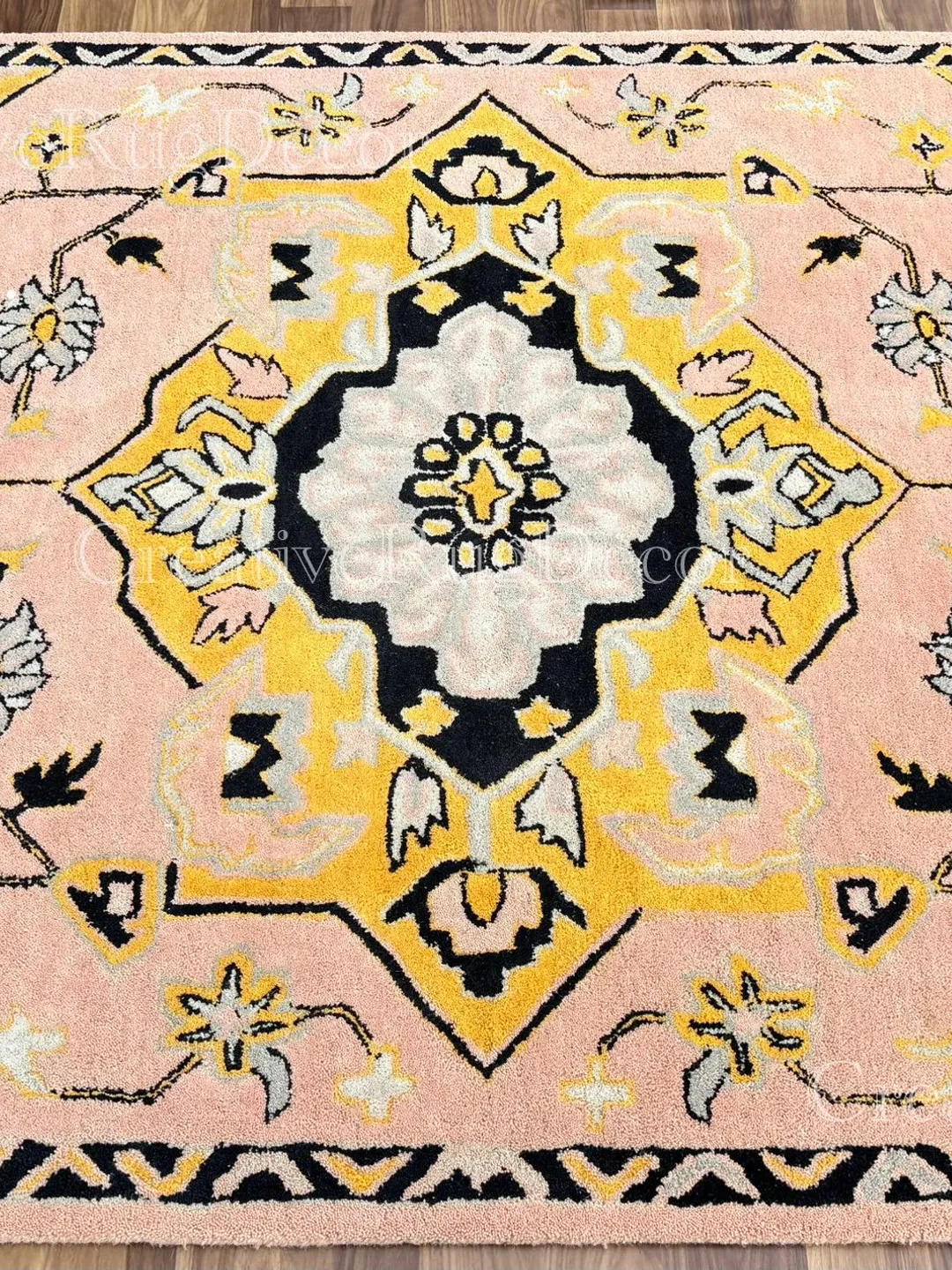 Hand-Tufted Wool Area Rug: Pink, Green & Black Floral Oriental Boho Carpet