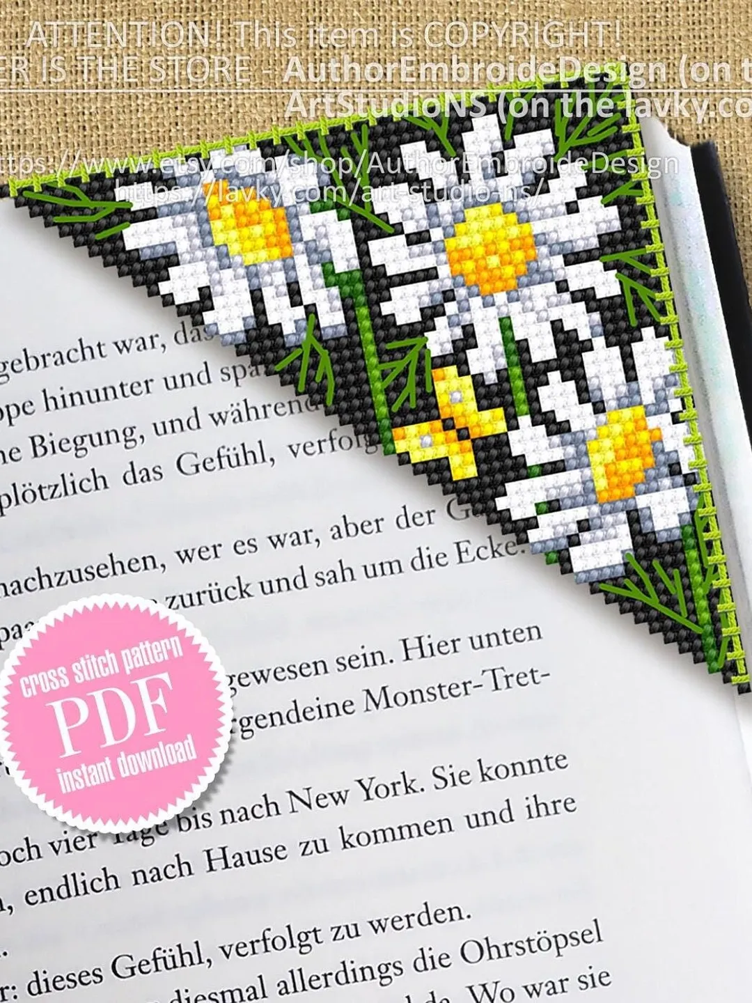Corner bookmark chamomile cross stitch pattern PDF download Chamomile flowers cross stitch chart, Floral bookmark corner digital PDF #B205