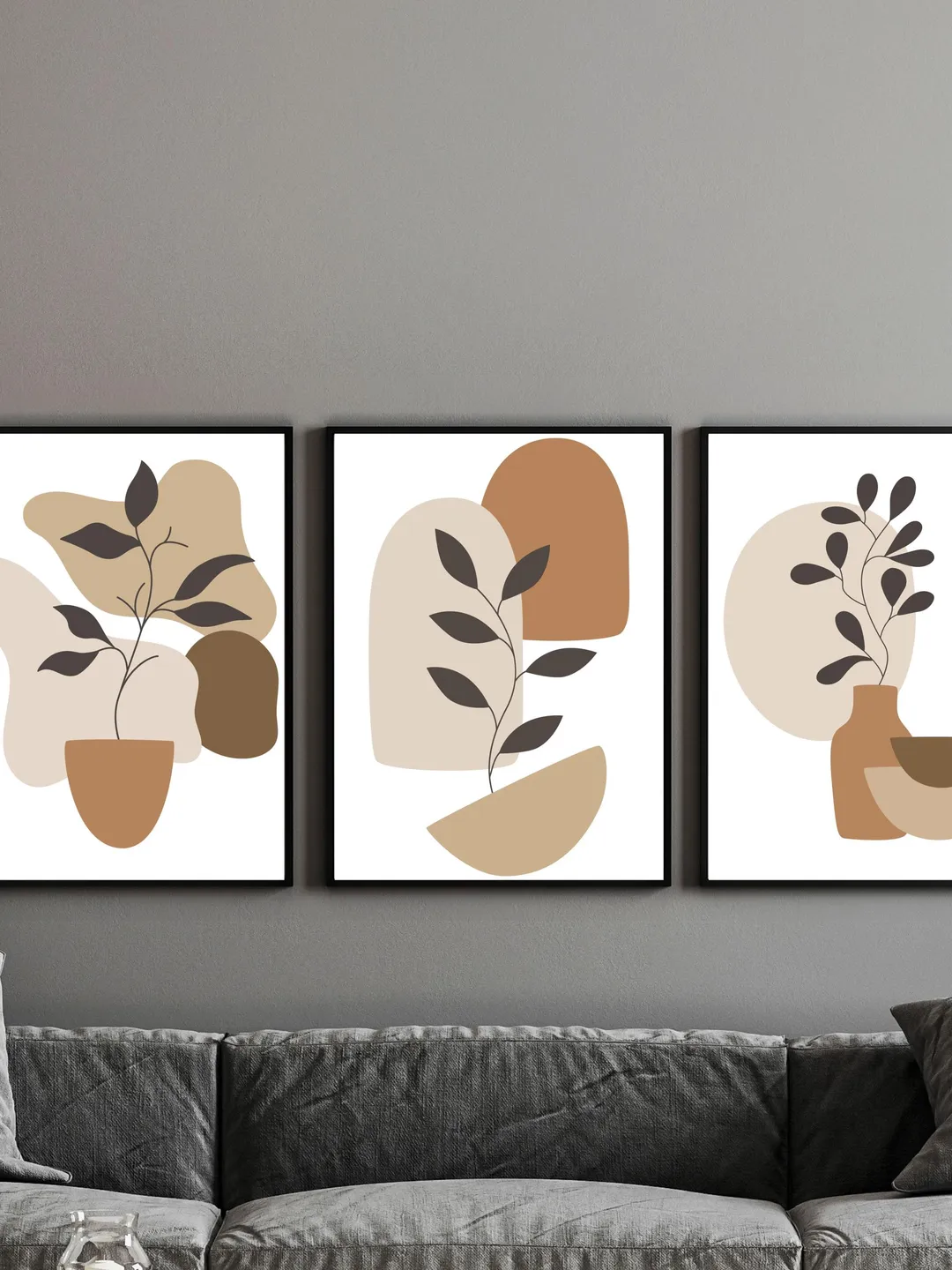 Boho Abstract Botanical Wall Art Set of 3 Prints, Neutral Beige Brown ...