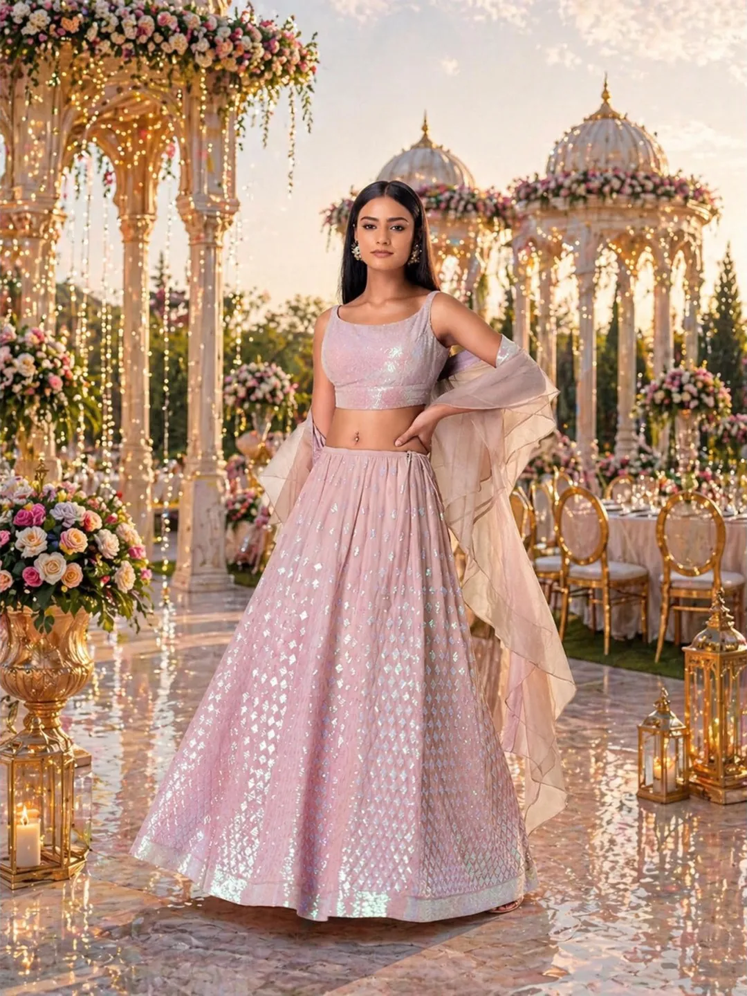 Pink Georgette Lehenga Choli For Women: Sequin Embroidery Indian Wedding Wear Ready To Wear