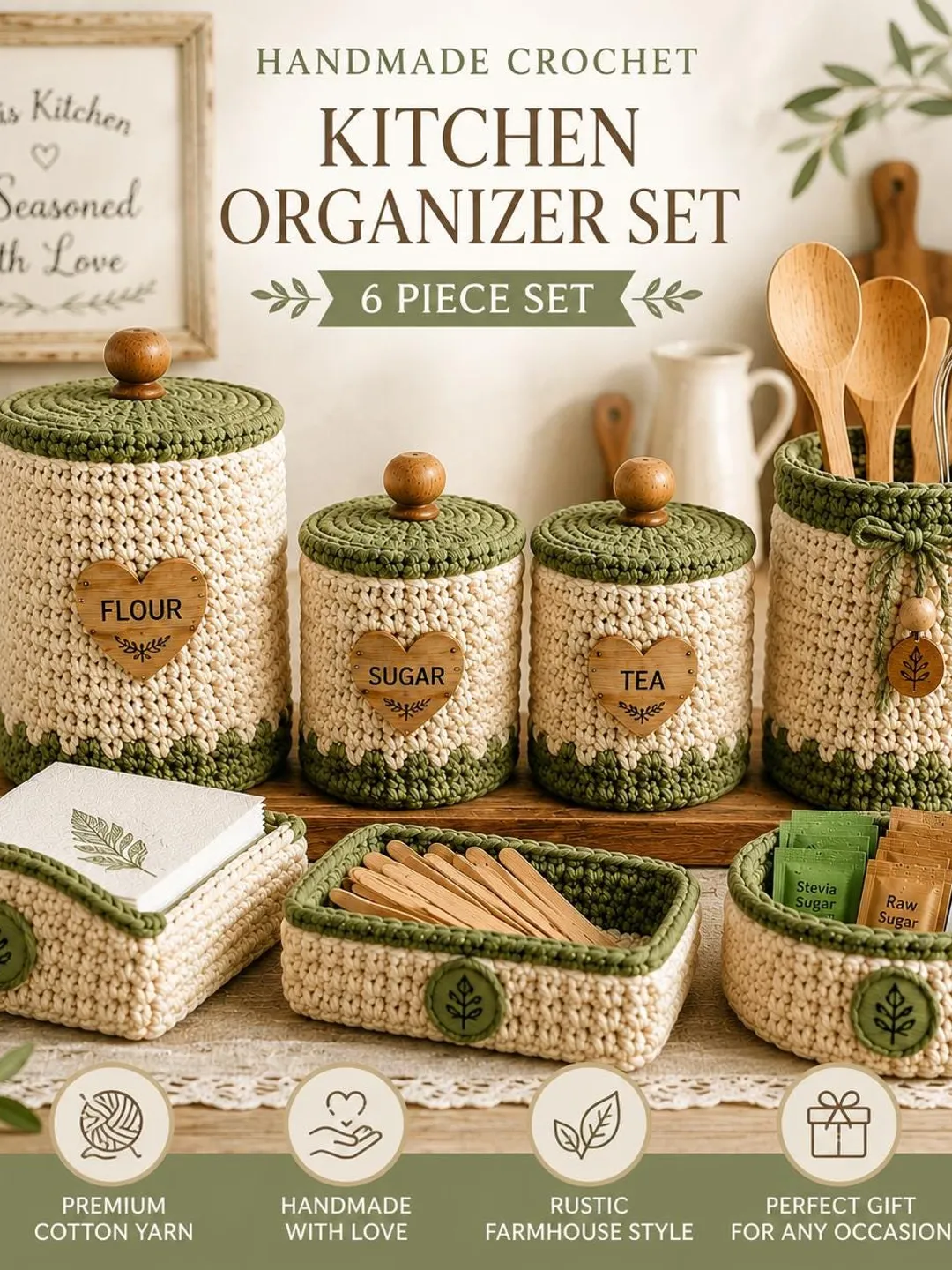 Handmade Crochet Kitchen Organizer Set | Farmhouse Coffee Station Cozy, Utensil Holder (PDF Pattern)