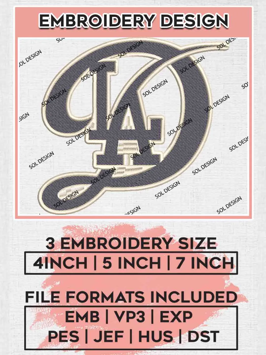 Los Angeles Dodgers LAD Logo Embroidery Files, MLB Los Angeles Dodgers Team Embroidery, MLB Teams, 3 sizes, MLB Dodgers Baseball Machine embroidery designs, Digital Download