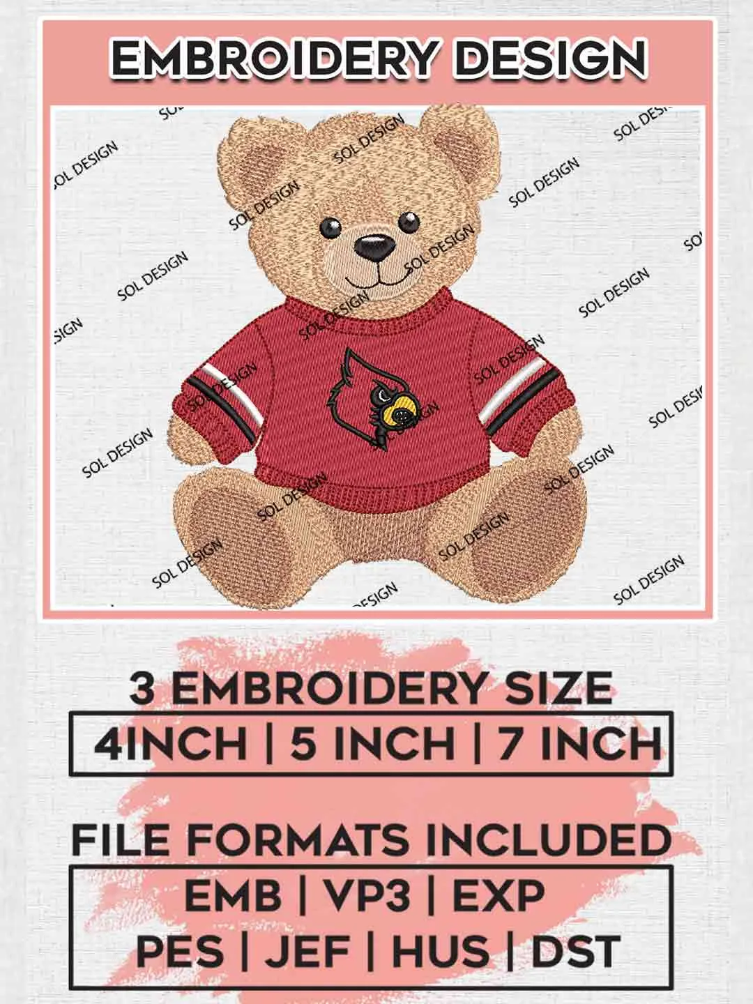 Louisville Cardinals Teddy Bear Logo Embroidery Designs, NCAA Louisville Cardinals Logo Embroidery files, NCAA Team, College Football Team Machine embroidery designs, Digital Download