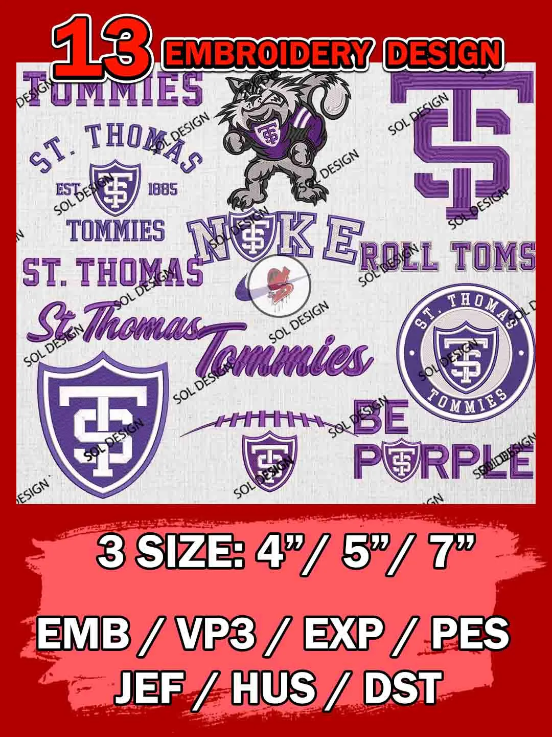 13 NCAA St Thomas Minnesota Tommies Bundle Embroidery Files, NCAA St Thomas Minnesota Tommies Team Bundle Embroidery Designs, NCAA Teams, National College Football Team 3 sizes, NCAA St Thomas Minnesota Machine Embroidery, Digital Download