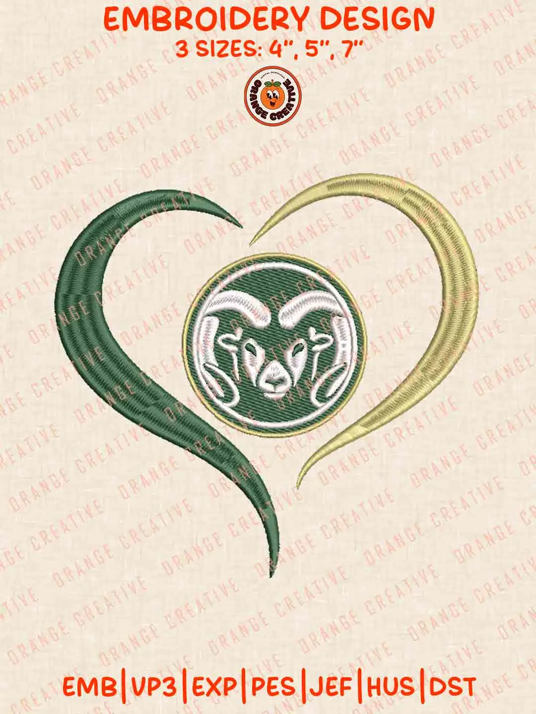 Colorado State Rams Heart Embroidery Design Files, NCAA Colorado State Team Logos Embroidery Designs, NCAA Machine Embroidery Files, 3 Sizes, Custom Sizes, Instant Download