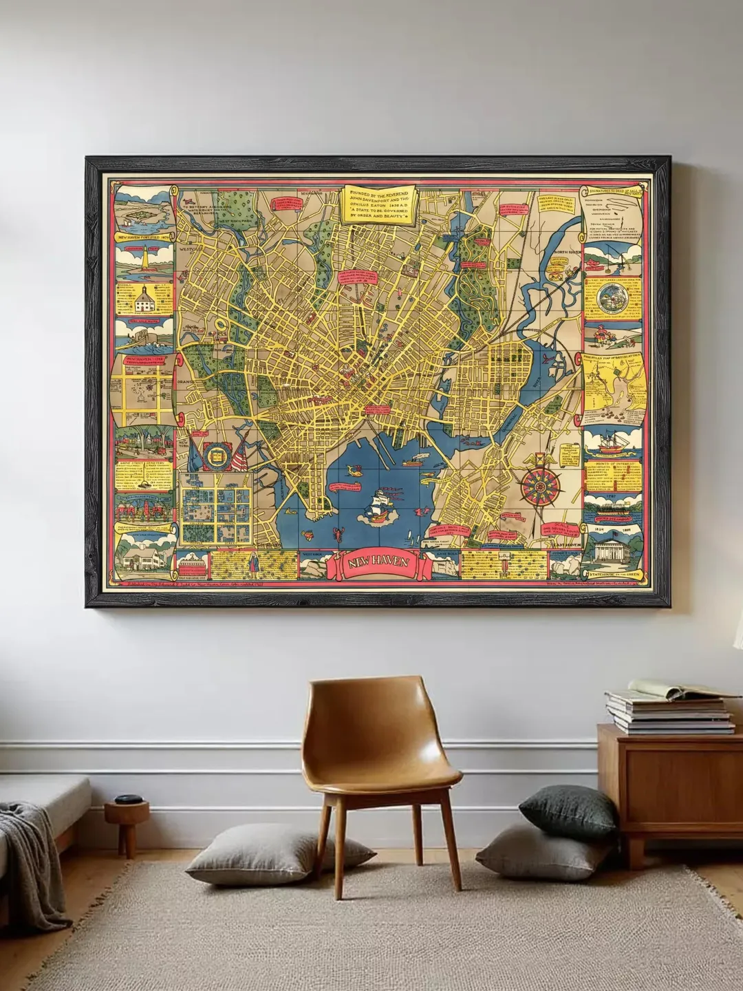 New Haven CT History Map 1929 | Vintage Pictorial Wall Art Print