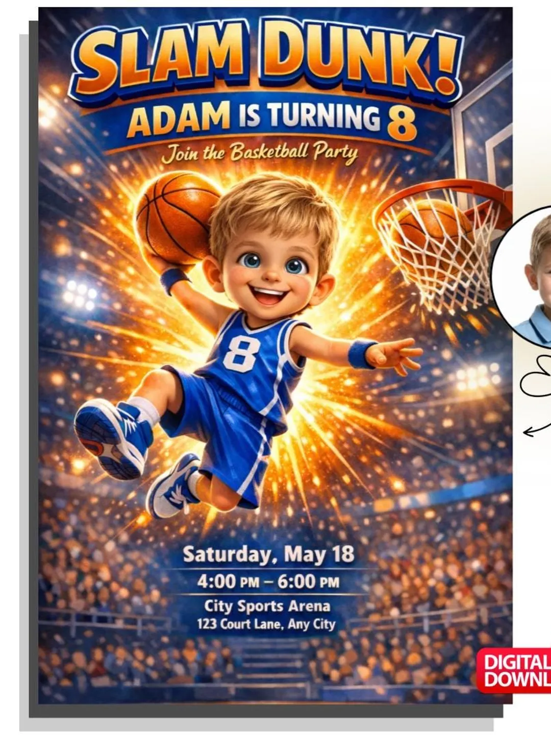 Basketball Birthday Invitation with Photo, Personalized Boy Party Invite, Custom Kids Invitation, Digital Download