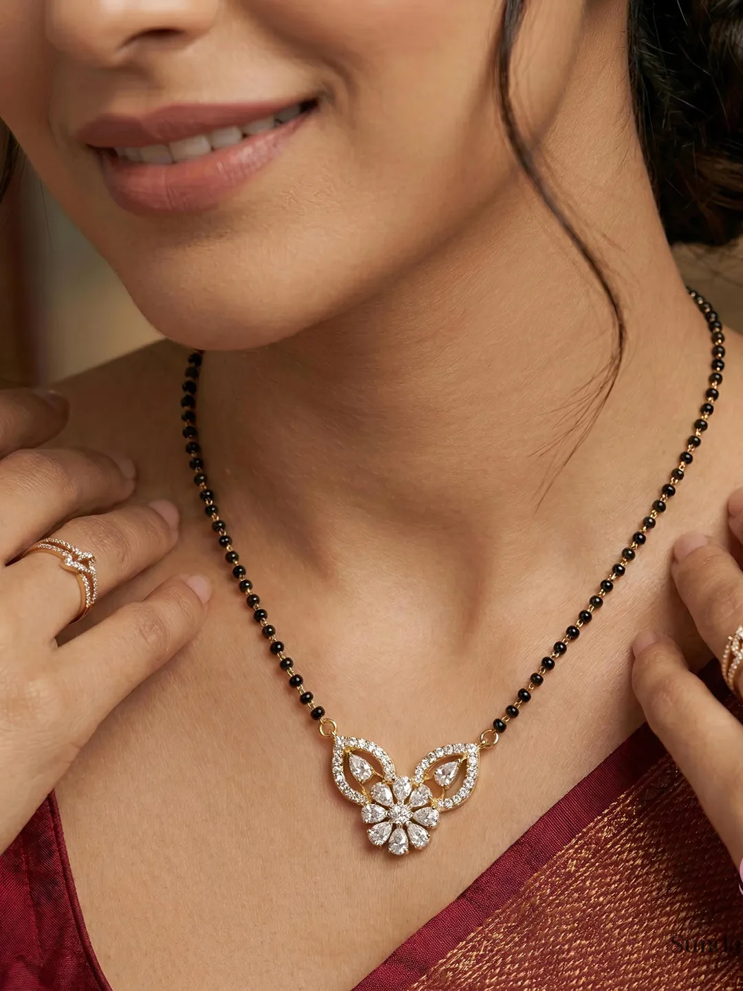 Floral Diamond Mangalsutra Necklace, Moissanite Mangalsutra Pendant, Lab Grown Diamond Mangalsutra, 925 Sterling Silver Modern Mangalsutra