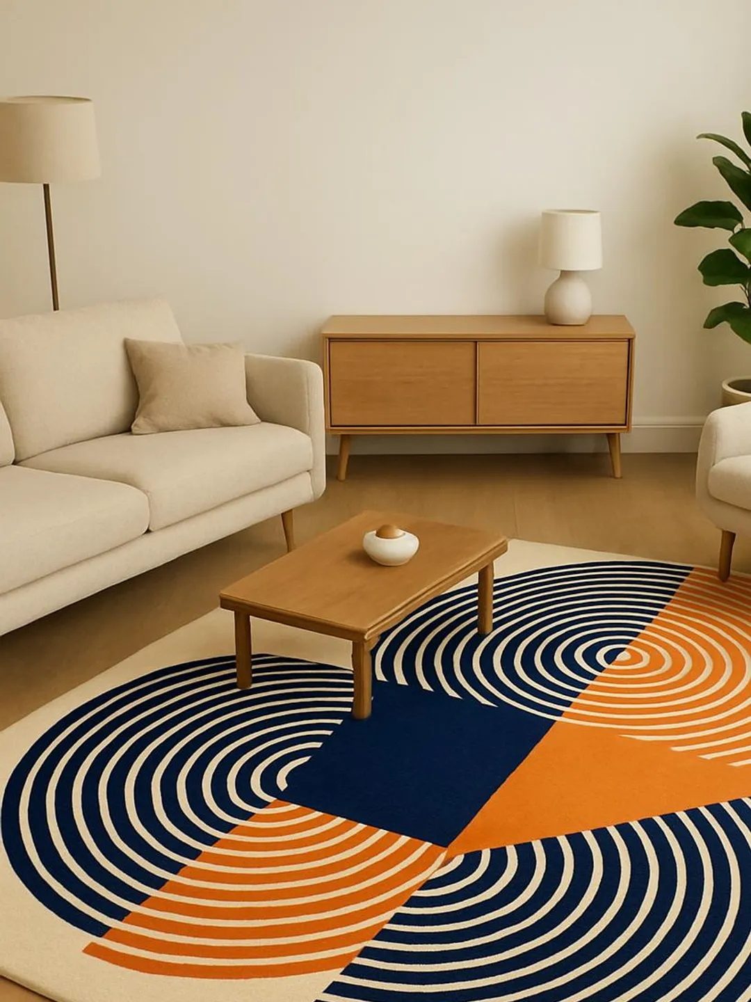 Hand Tufted Geometric Rug, Abstract Circles, Navy Blue Orange Cream ...