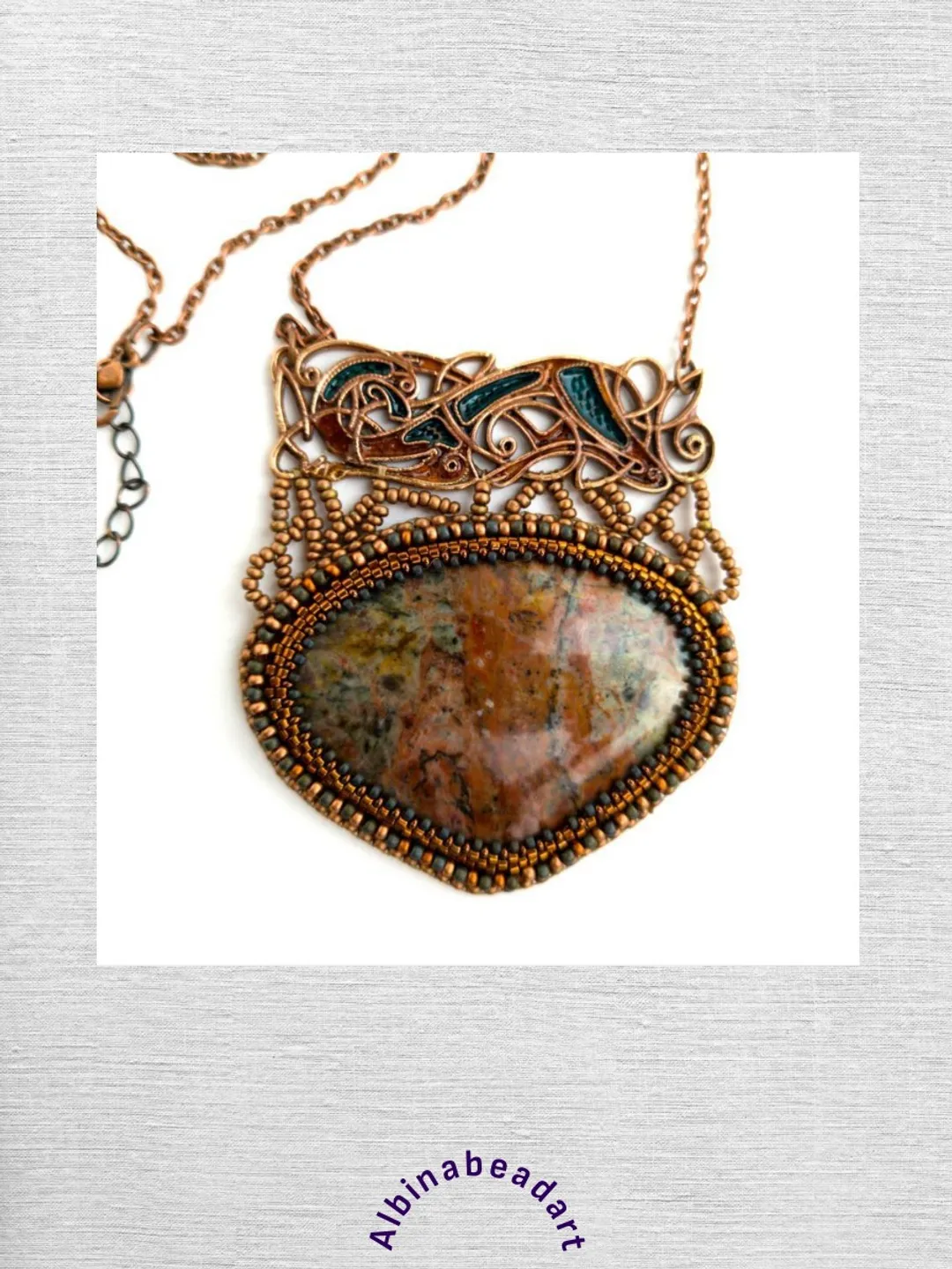 Brown Jasper Necklace Pendant Beaded pendant with designer bronze fittings