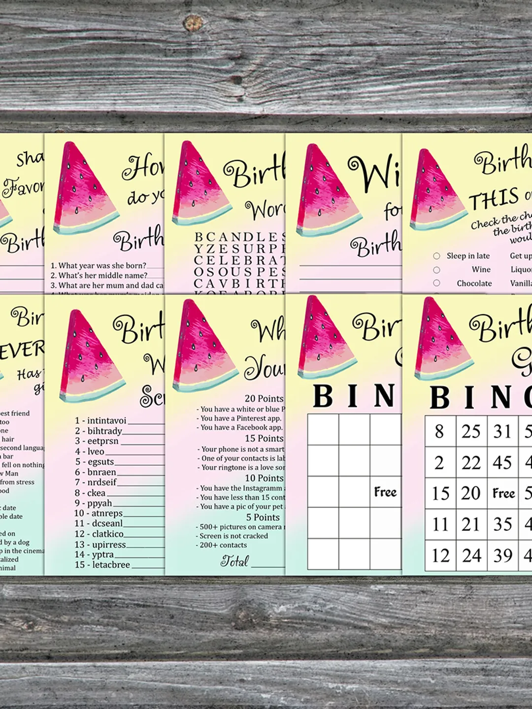 Watermelon Birthday Party Games bundle,Adult birthday games package,Printable Birthday Games,INSTANT DOWNLOAD