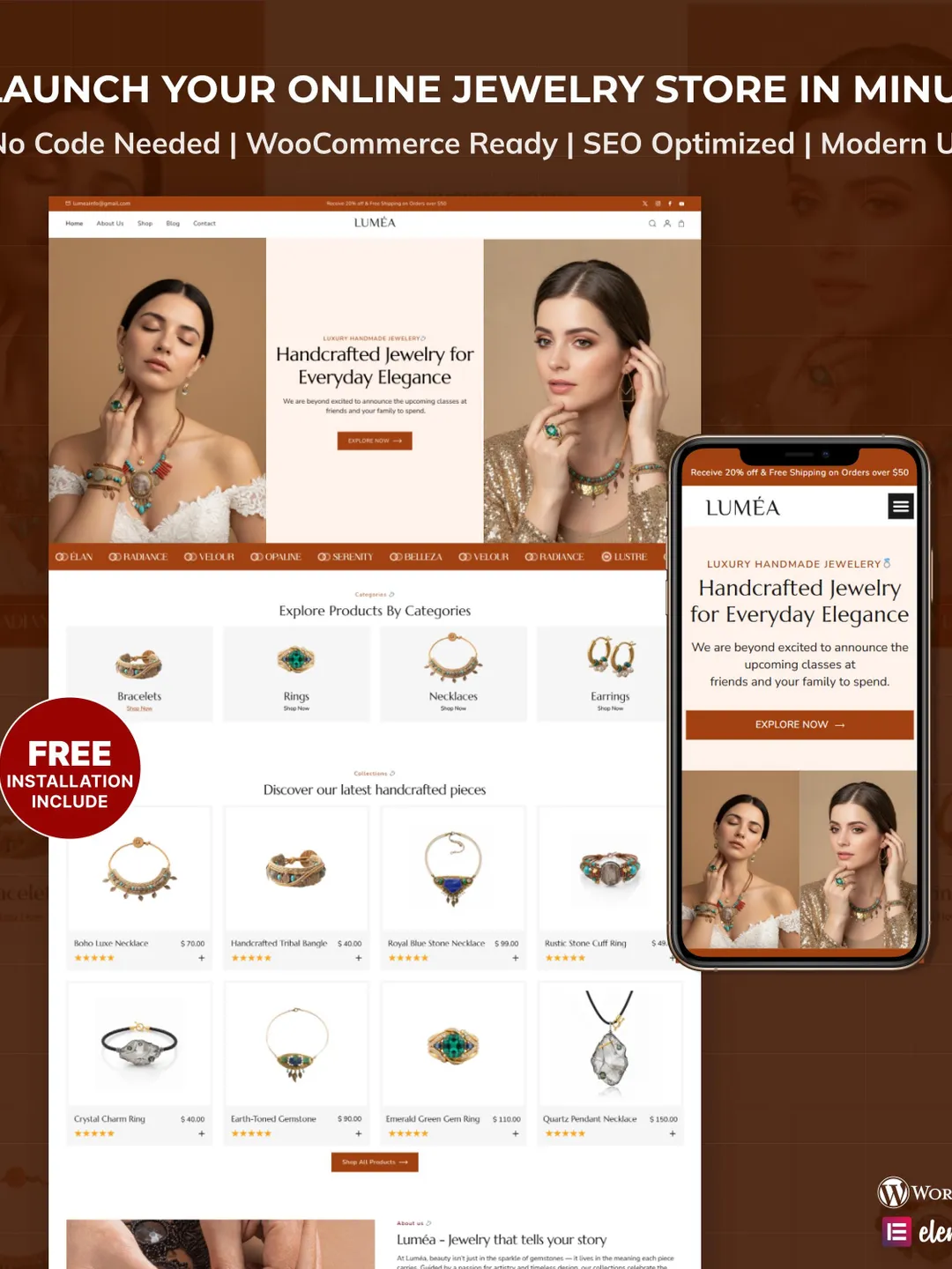 Jewelry Shop WordPress Elementor Template Kit | Handmade Jewelry Store & WooCommerce Website Design