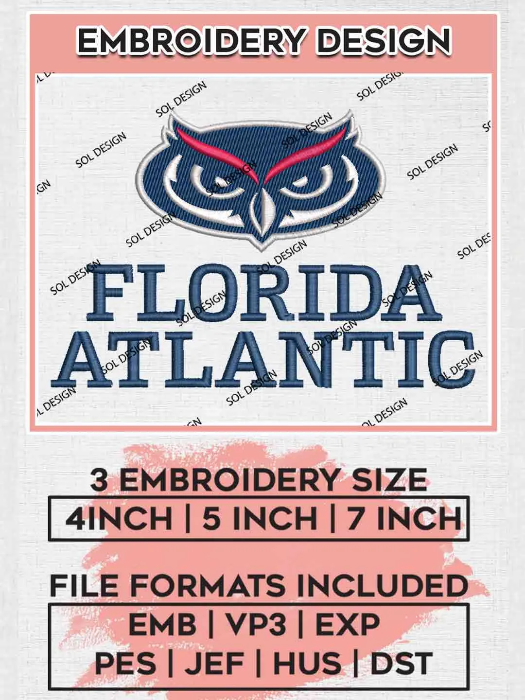 Florida Atlantic Logo Embroidery Designs, NCAA Logo Embroidery files, NCAA Florida Atlantic Owls Team, Machine embroidery designs, Instant Download