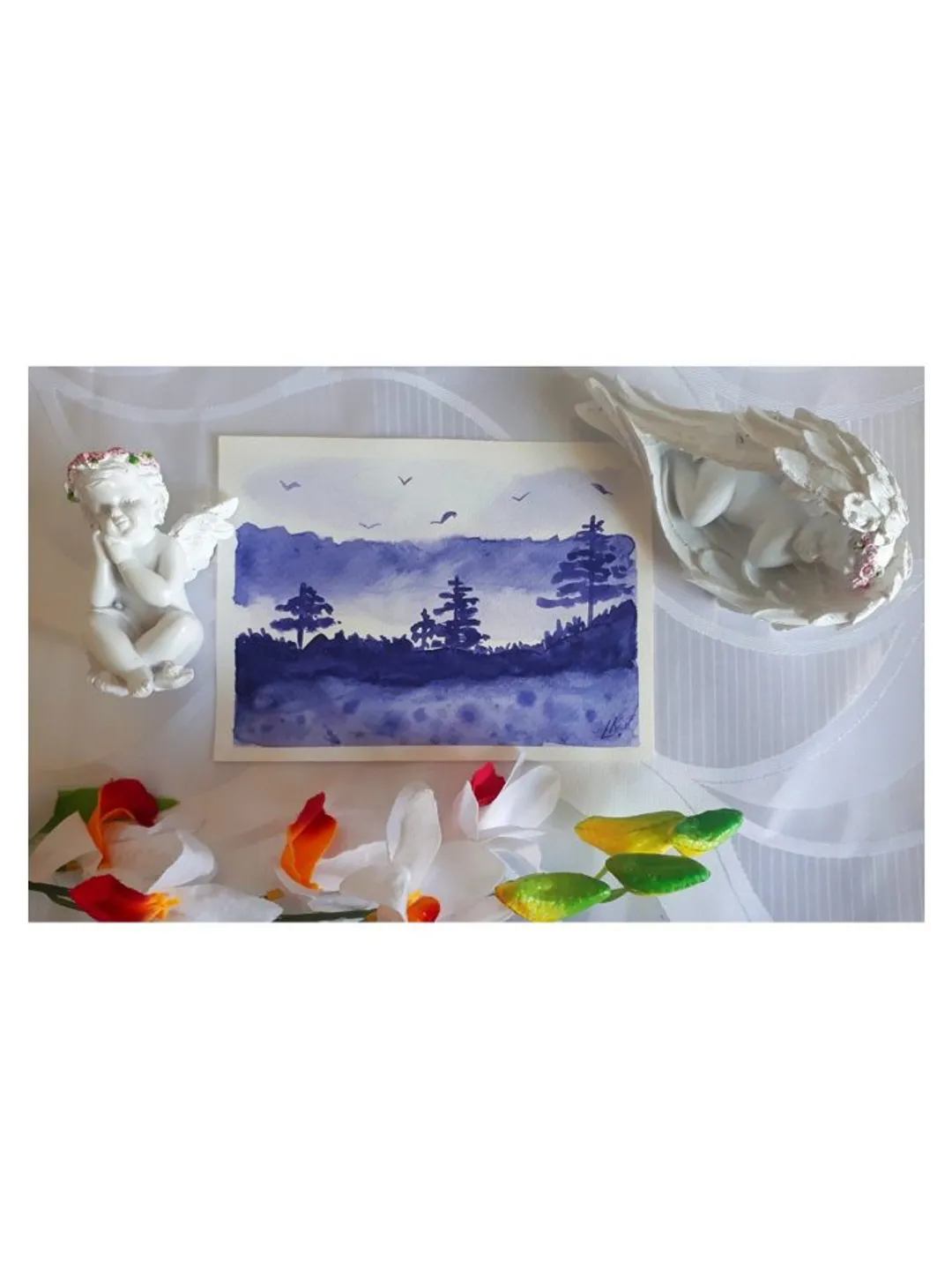 Misty Lilac Forest Watercolor Art Trees Landscape Abstract Painting