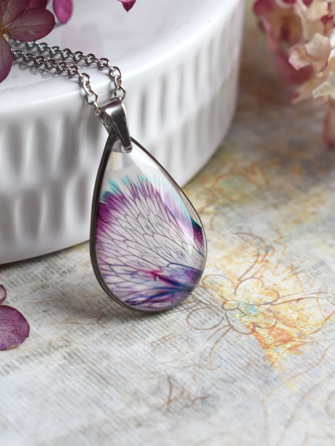 Real Dianthus necklace. Carnation drop pendant in resin. Forest Jewelry.