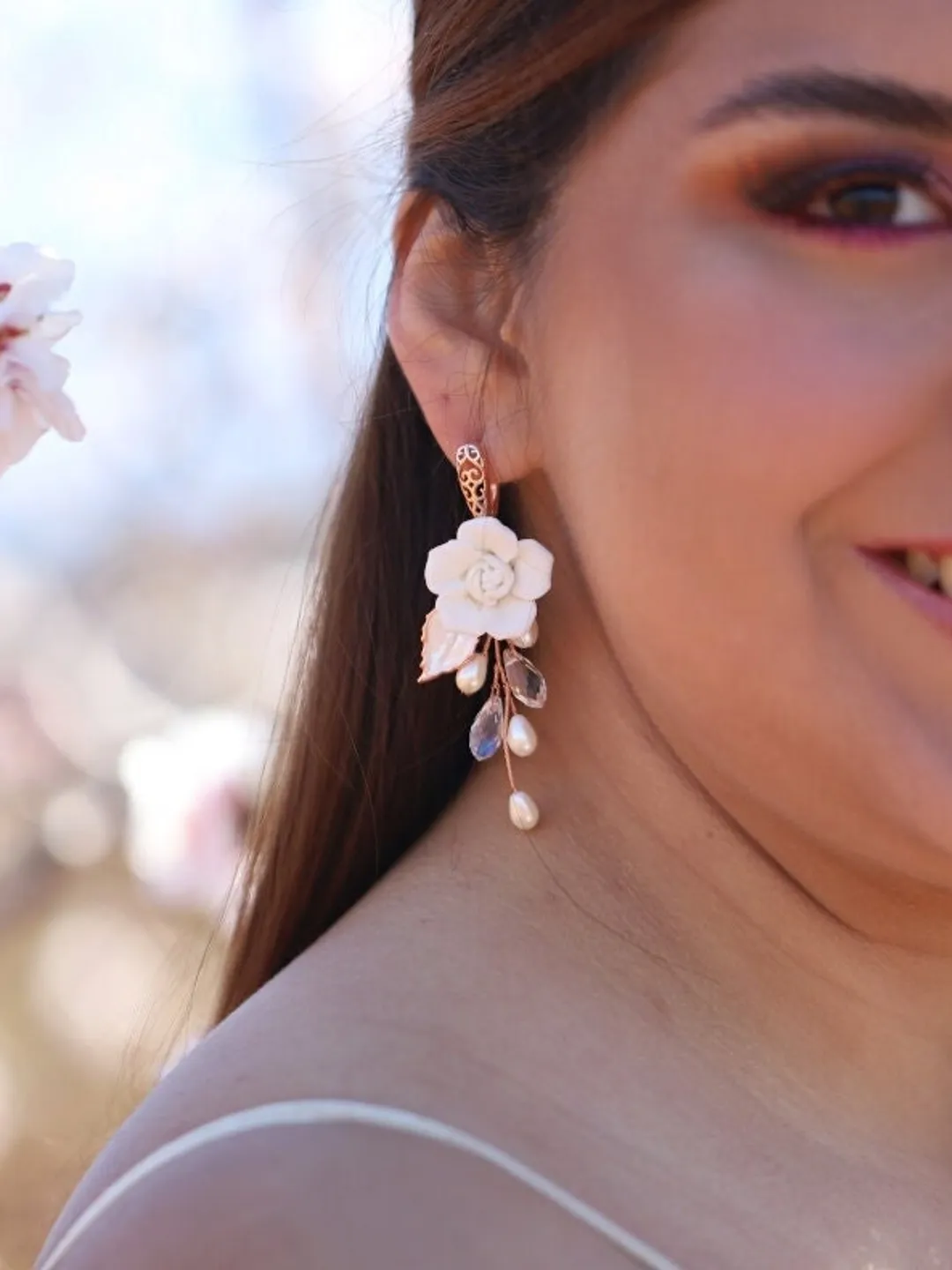 Delicate Flower Boho Wedding Earrings, Rose Gold Chandelier Statement Wedding Earrings, Floral Bridal Earrings, Swarovski Crystal Jewelry
