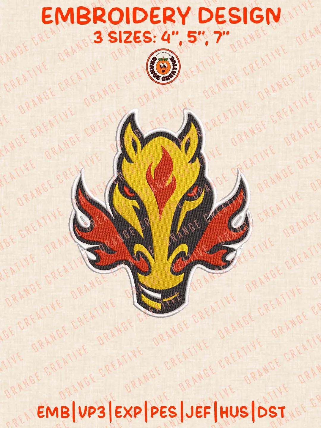 NHL Calgary Flames Head Mascot Logo Embroidery Designs, NHL Hockey Team Logo Embroidery Files, Machine Embroidery Design File, 4 Sizes, Custom Size, Digital Download