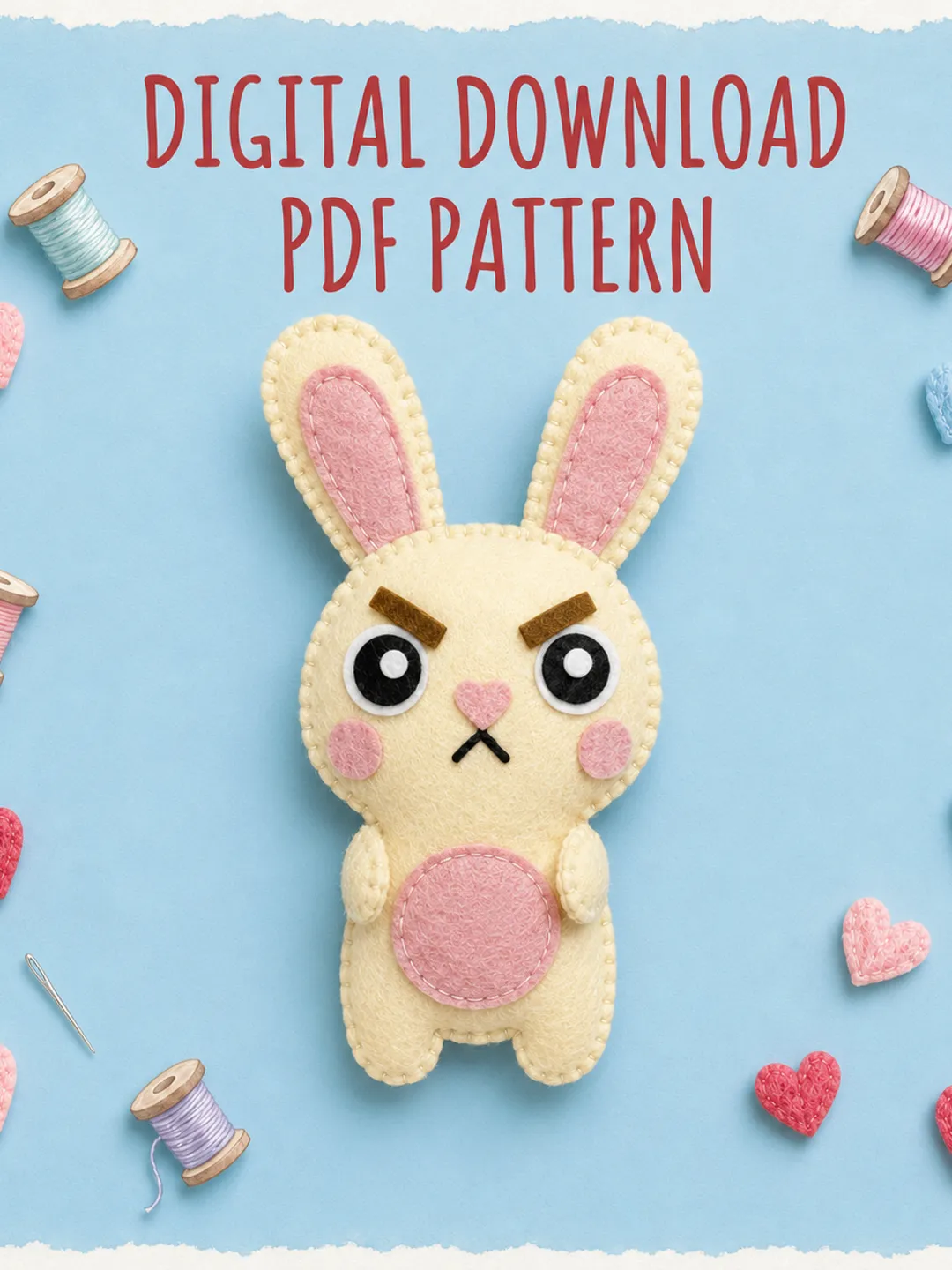 Grumpy Bunny Felt Sewing Pattern, Beginner Toy Tutorial (PDF Download)