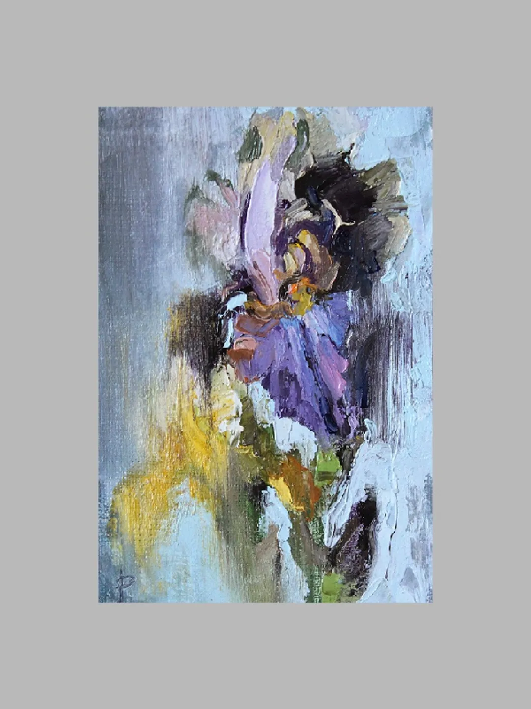 Irises, miniature oil painting, 4x6", 3 d
