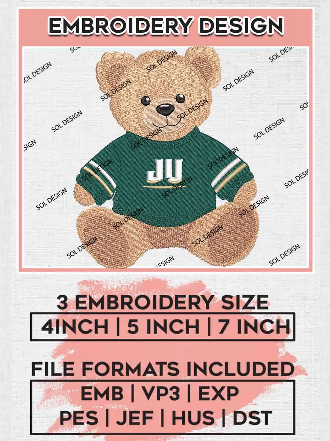 Jacksonville Dolphins Teddy Bear Logo Embroidery Designs, NCAA Logo Embroidery files, NCAA Jacksonville Team, Machine embroidery designs, Digital Download