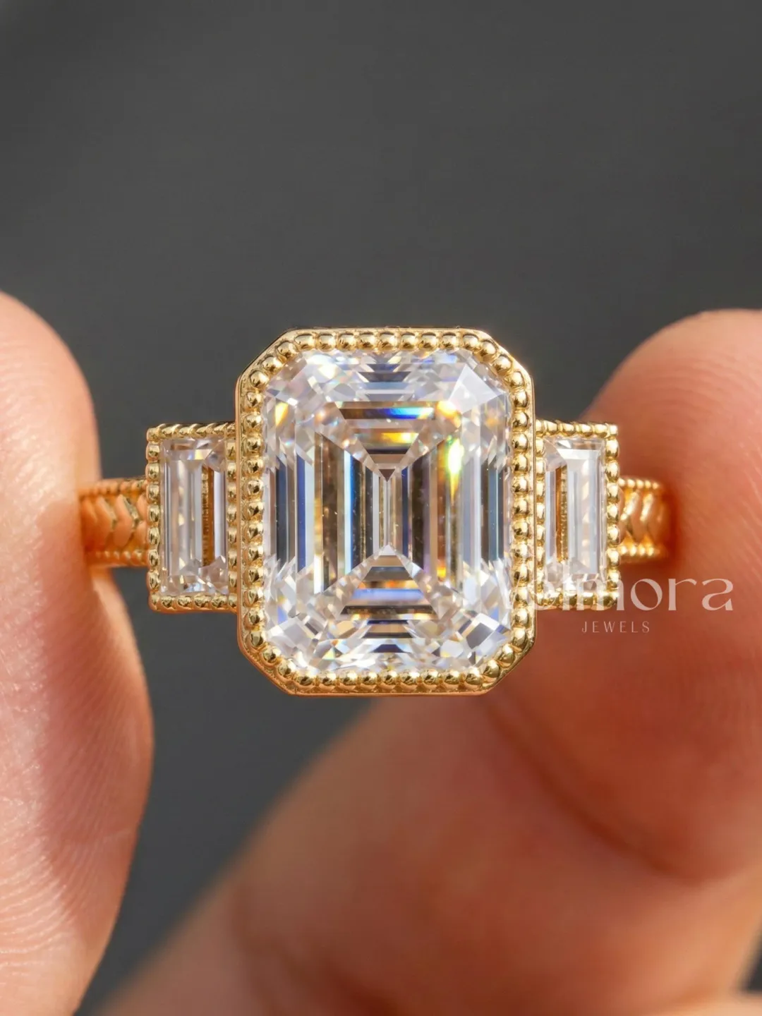 Emerald Cut Diamond Engagement Ring, Baguette Side Stones, 14K Gold