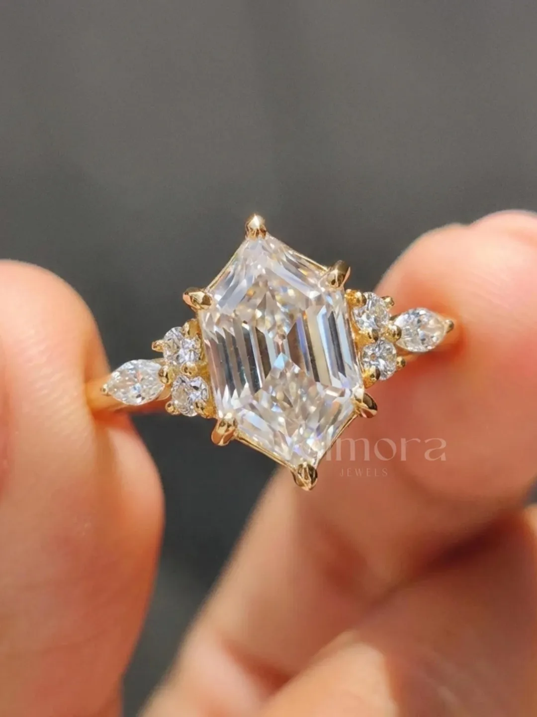 Elongated Hexagon Moissanite Engagement Ring, Vintage Art Deco Bridal Ring, Sterling Silver Statement