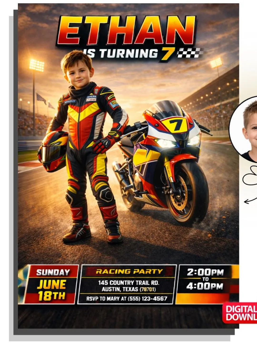 Race Car Birthday Invitation, Photo Customization, Boy Party Invite (Digital Download)