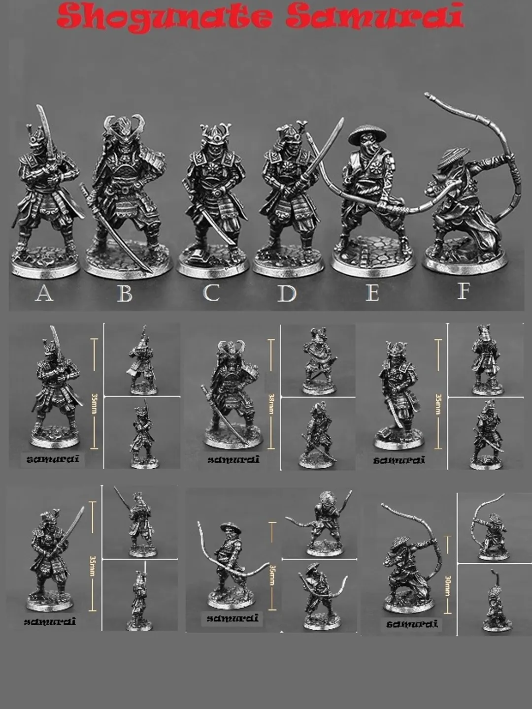 Japanese Shogunate samurai figurines, copper miniatures, tabletop wargaming fantasy miniature figures.