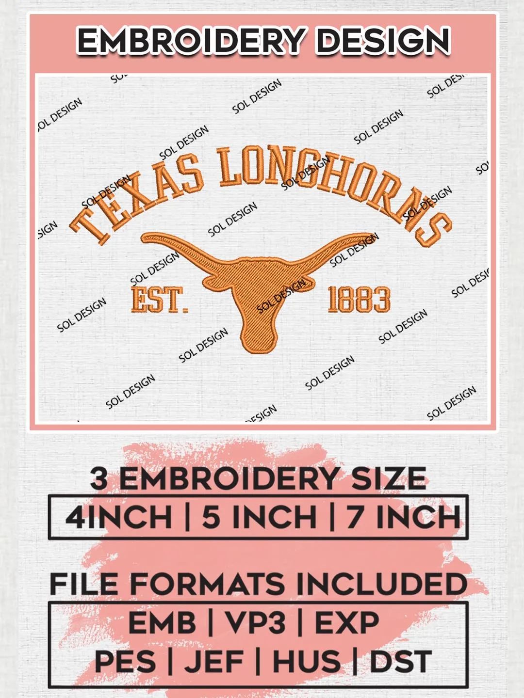 Texas Longhorns Est 1883 Logo Embroidery Designs, NCAA Texas Longhorns Team Embroidery, NCAA Team Logo, 3 sizes, Machine embroidery Files, Digital Download