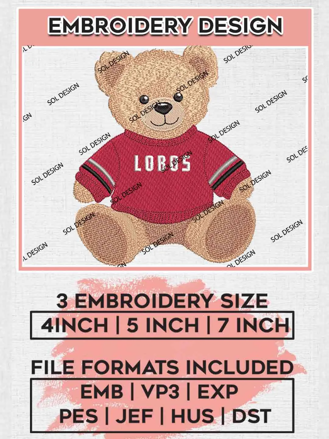 New Mexico Lobos x Cute Teddy Bear Logo Embroidery Designs, NCAA Logo Embroidery files, NCAA New Mexico Lobos Team, Machine embroidery designs, Instant Download